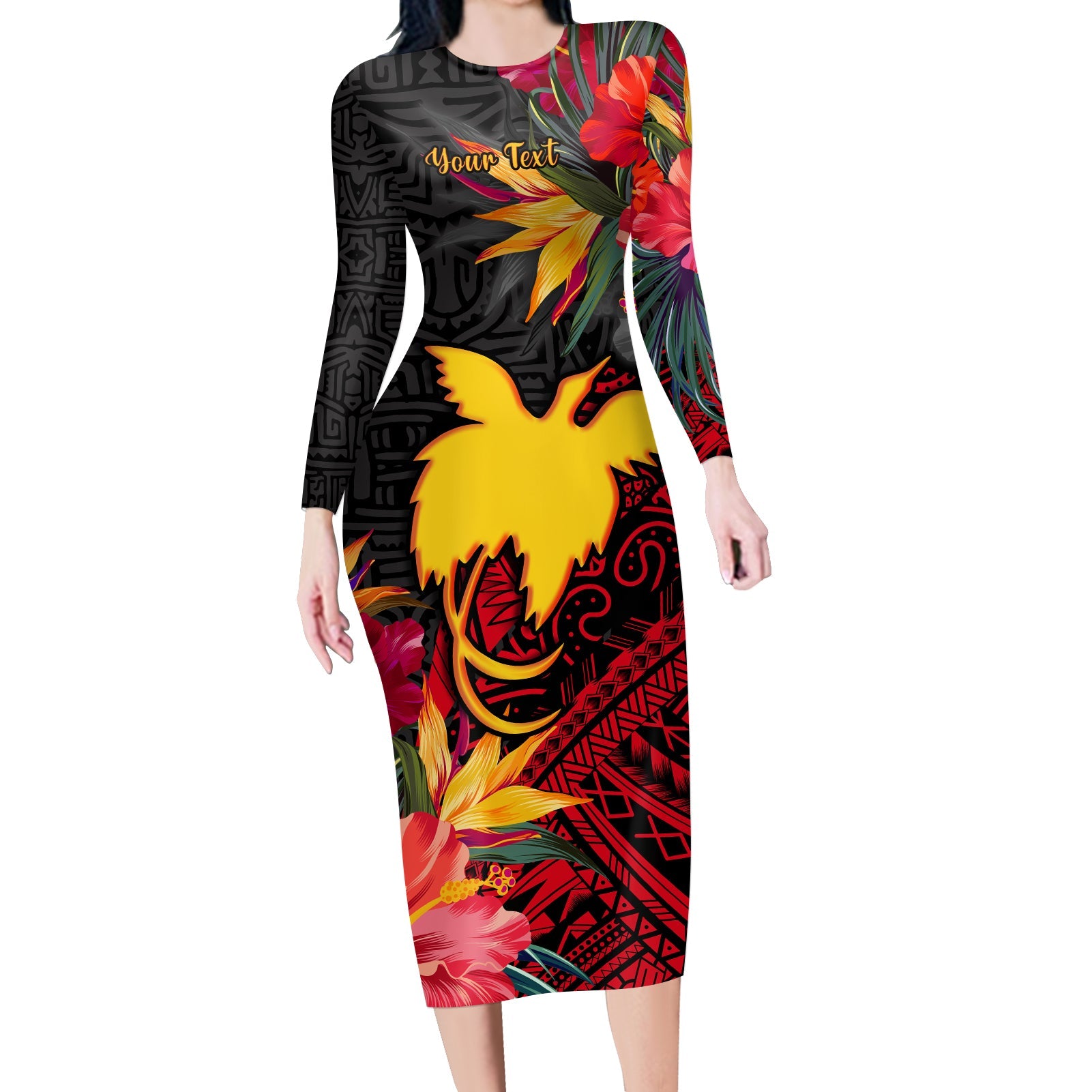 (Custom Personalised) Papua New Guinea Long Sleeves Dress Bird of Paradise Ver.02 LT13 Polyester/spandex Black - Polynesian Pride