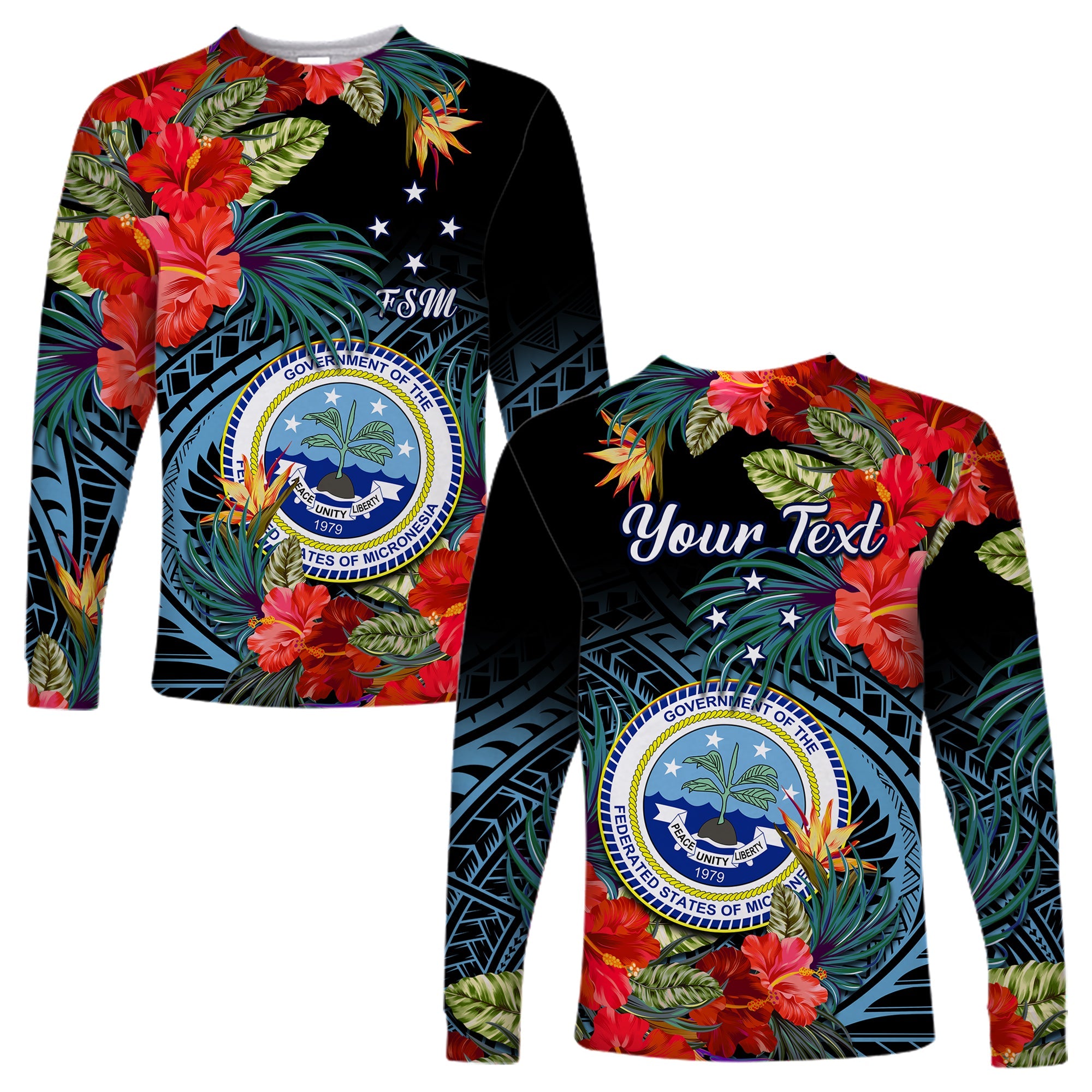 (Custom Personalised) Federated States of Micronesia Long Sleeve Shirt Hibiscus Flowers FSM Seal Polynesian LT14 Unisex Black - Polynesian Pride