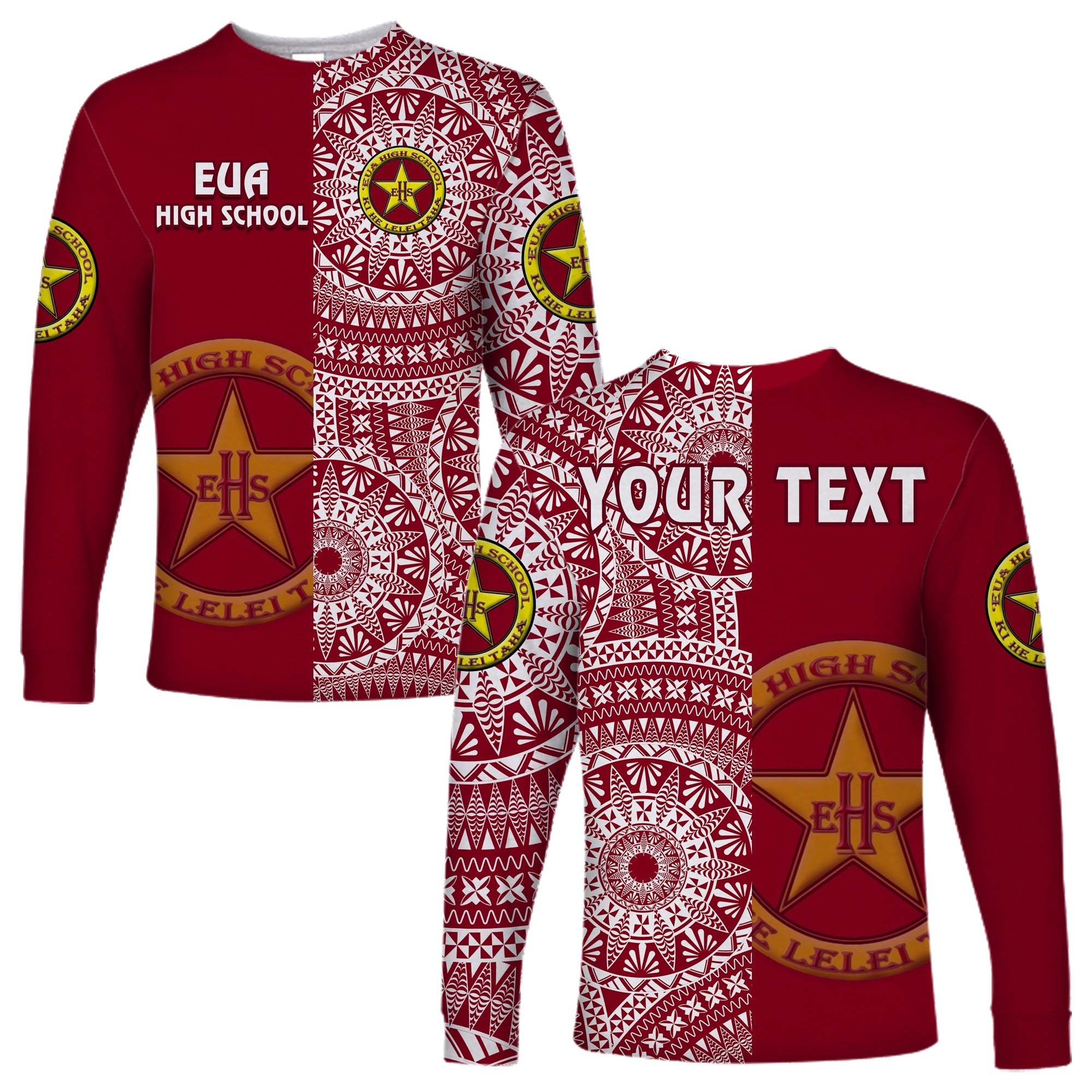 (Custom Personalised) Tonga Eua High School Long Sleeve Shirt Tongan Ngatu Pattern LT14 Unisex Maroon - Polynesian Pride