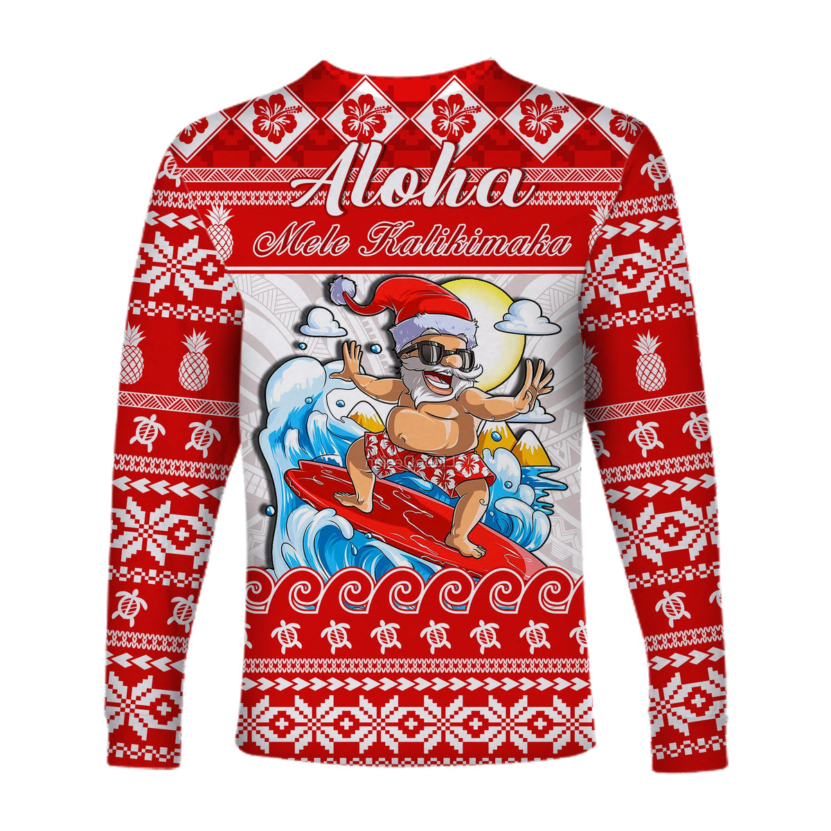 Custom Personalised Hawaii Christmas Long Sleeve Shirt Surfing Santa Mele Kalikimaka Polynesian LT14 - Polynesian Pride