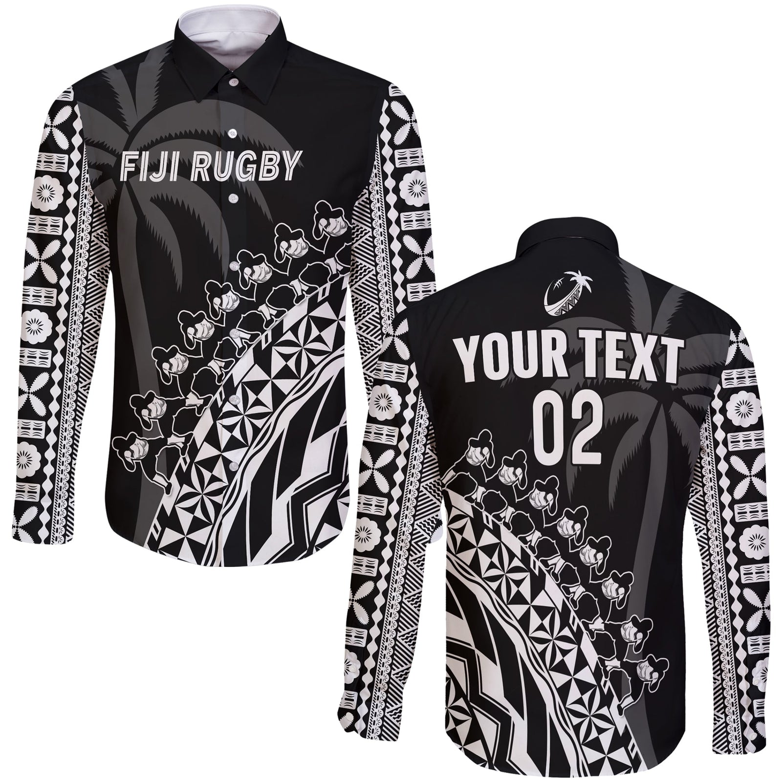 (Custom Text And Number) Fiji Rugby Long Sleeve Button Shirt Fijian Cibi Dance Tapa Pattern Black LT14 Unisex Black - Polynesian Pride