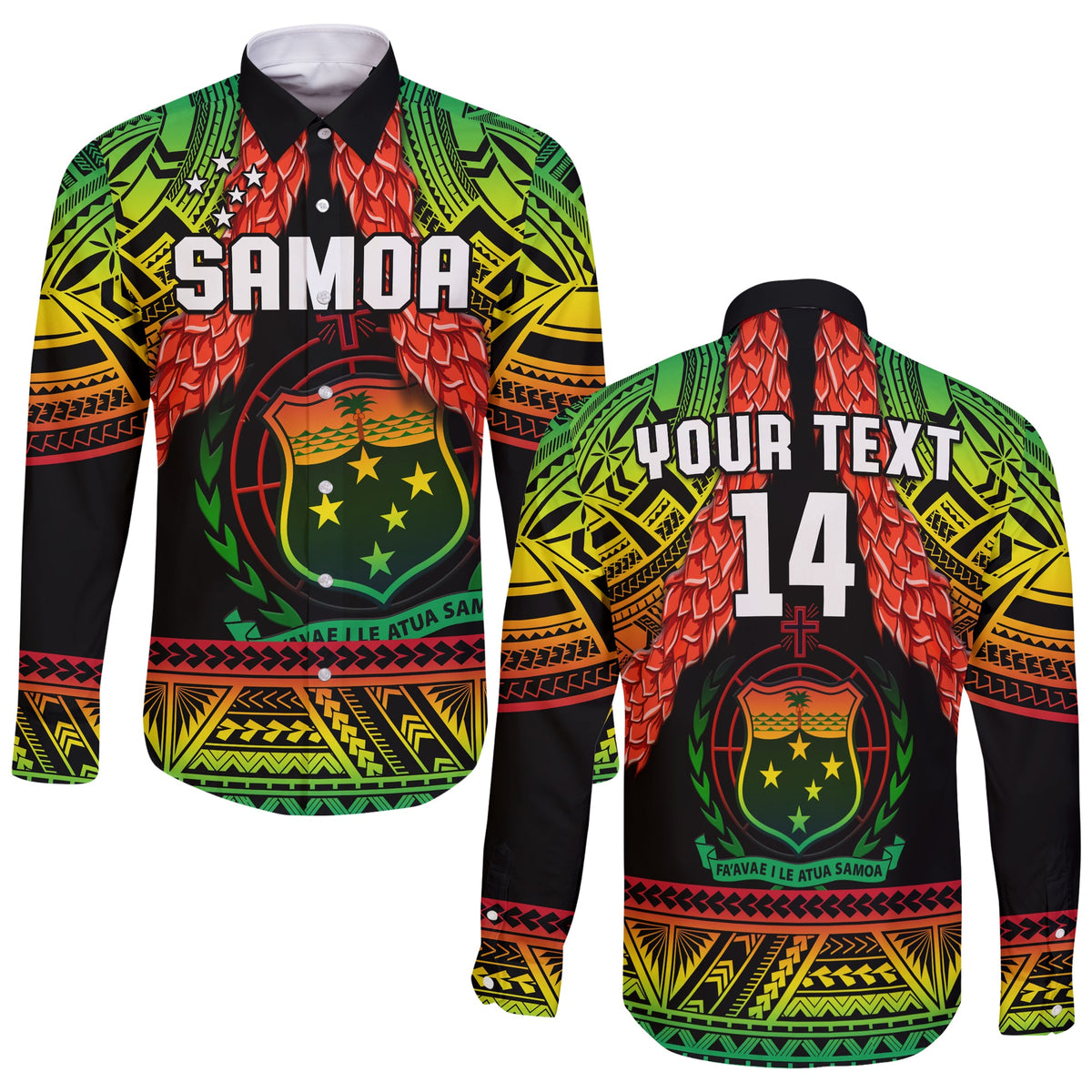 (Custom Text And Number) Samoa Rugby Long Sleeve Button Shirt Teuila Torch Ginger Gradient Style LT14 Unisex Black - Polynesian Pride