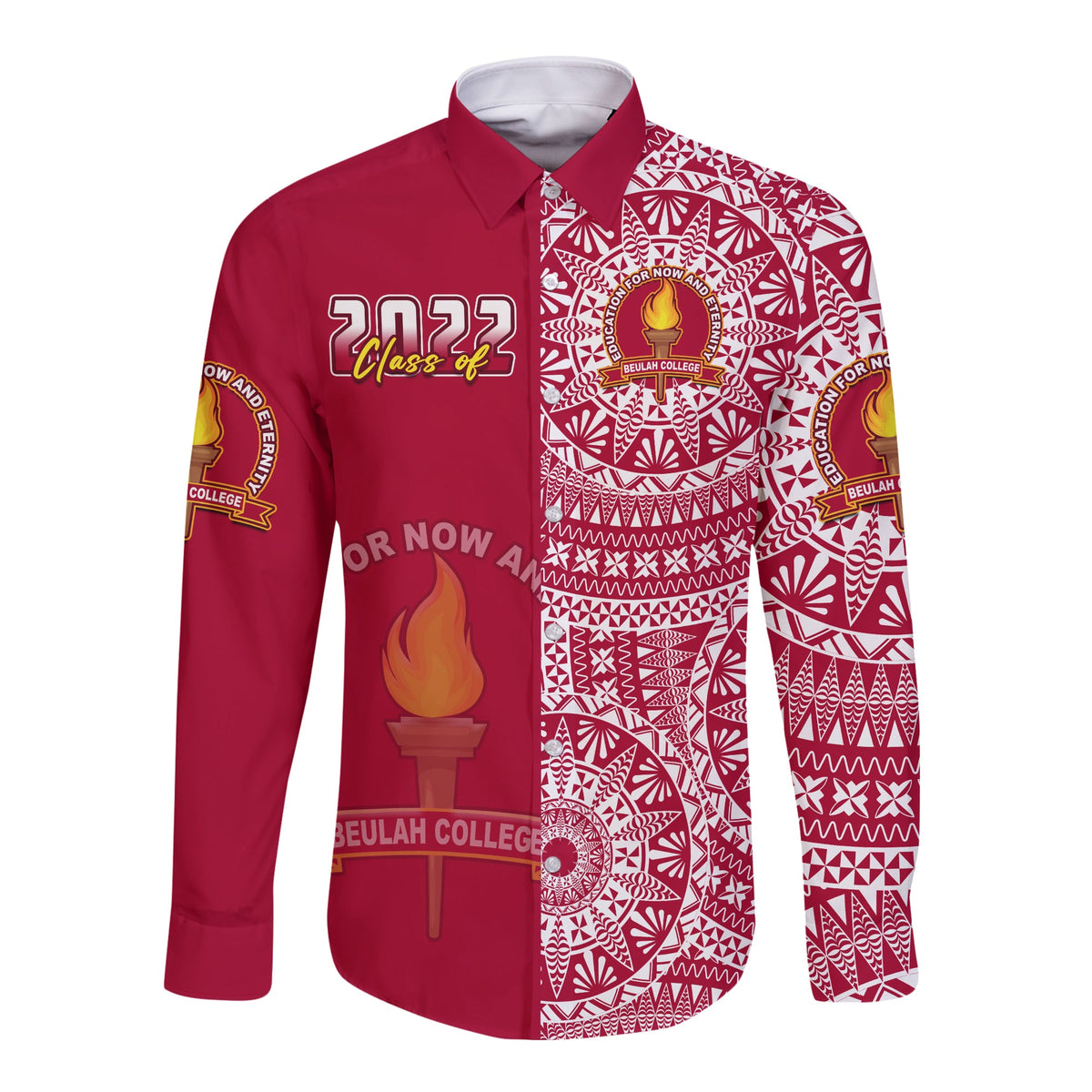 (Custom Text And Number) Beulah Tonga College Long Sleeve Button Shirt Class Of Year Tongan Ngatu Pattern LT14 - Polynesian Pride