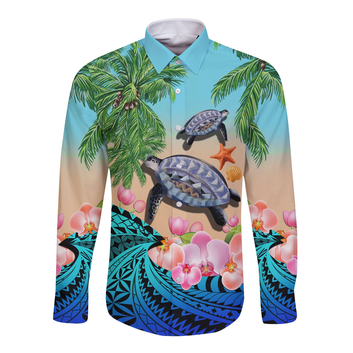 Polynesian Turtle Coconut Tree And Orchids Long Sleeve Button Shirt LT14 Unisex Blue - Polynesian Pride