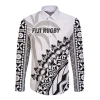 Fiji Rugby Long Sleeve Button Shirt Fijian Cibi Dance Tapa Pattern White LT14 Unisex White - Polynesian Pride