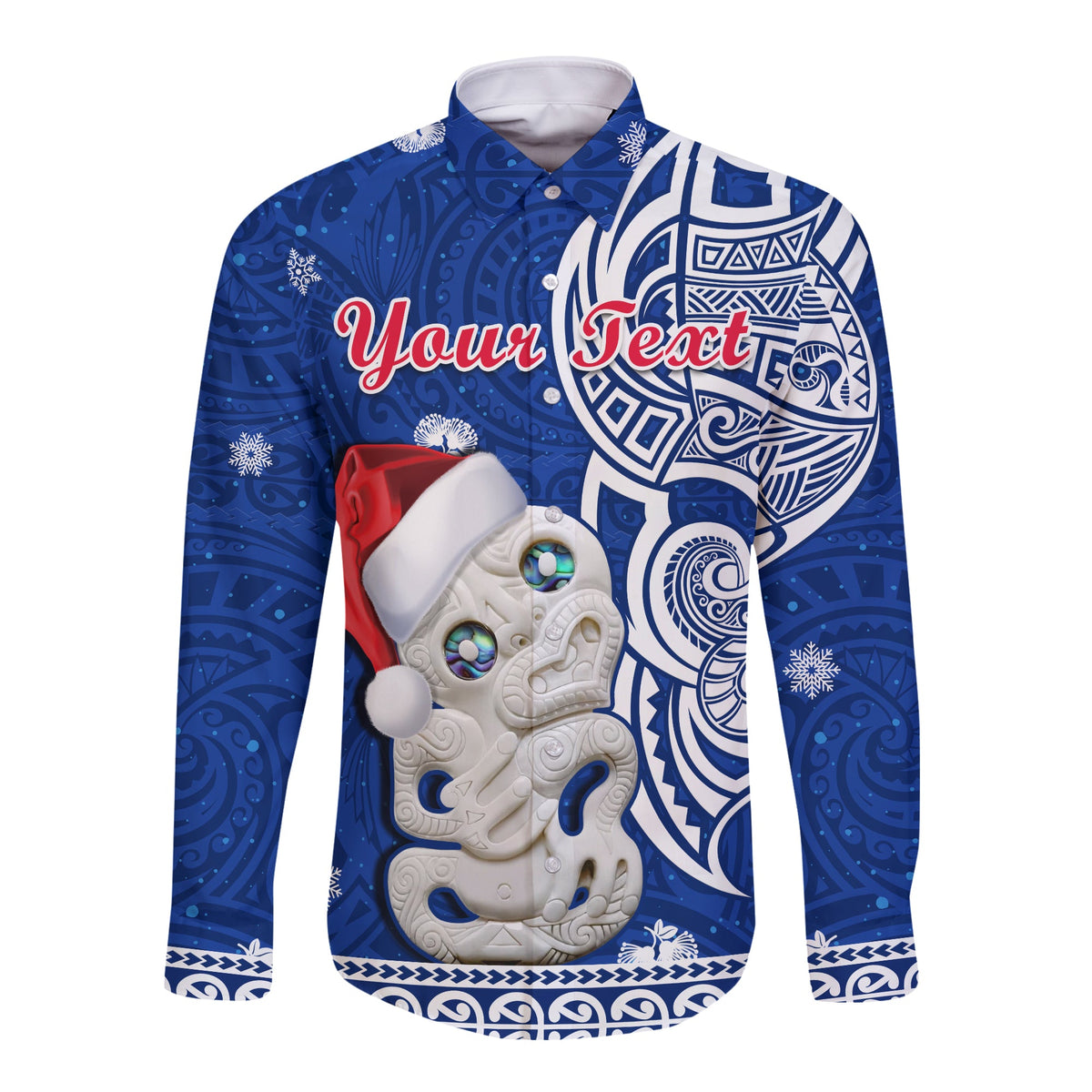 (Custom Personalised) New Zealand Christmas Long Sleeve Button Shirt Hei Tiki Blue Pohutukawa Meri Kirihimete LT14 - Polynesian Pride