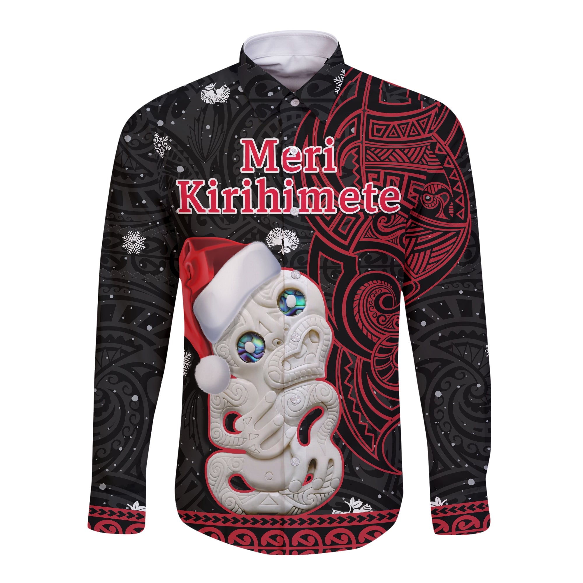 New Zealand Christmas Long Sleeve Button Shirt Hei Tiki Red Pohutukawa Meri Kirihimete LT14 Unisex Red - Polynesian Pride