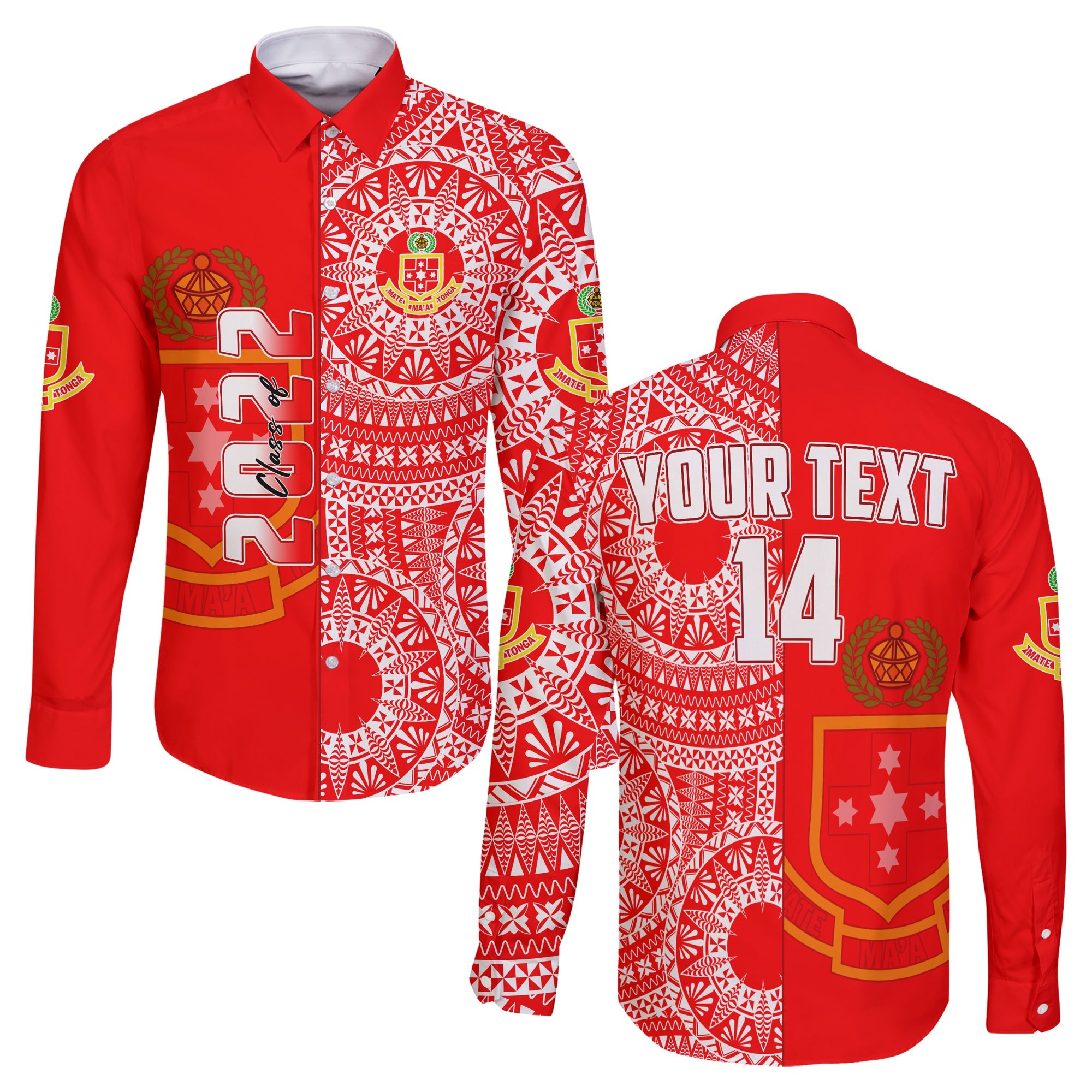 (Custom Text And Number) Kolisi Tonga High School Long Sleeve Button Shirt Class Of Year Tongan Ngatu Pattern LT14 Unisex Red - Polynesian Pride