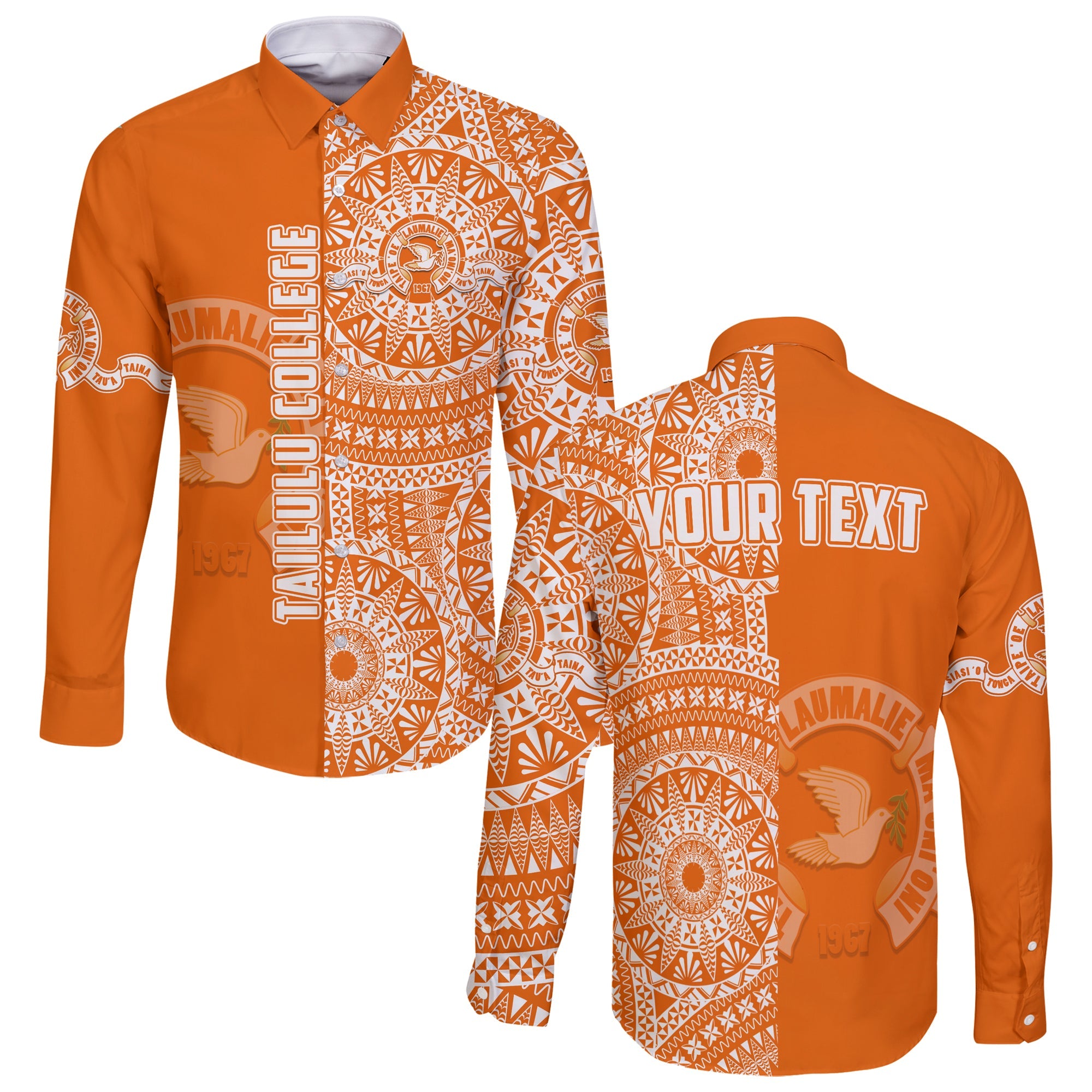 (Custom Personalised) Tailulu Tonga College Long Sleeve Button Shirt Tongan Ngatu Pattern LT14 Unisex Orange - Polynesian Pride