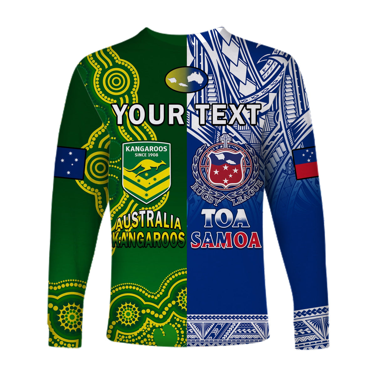 (Custom Personalised) Samoa Rugby and Australia Rugby Long Sleeve Shirt Toa Samoa Mix Kangaroos Pacific LT14 - Polynesian Pride