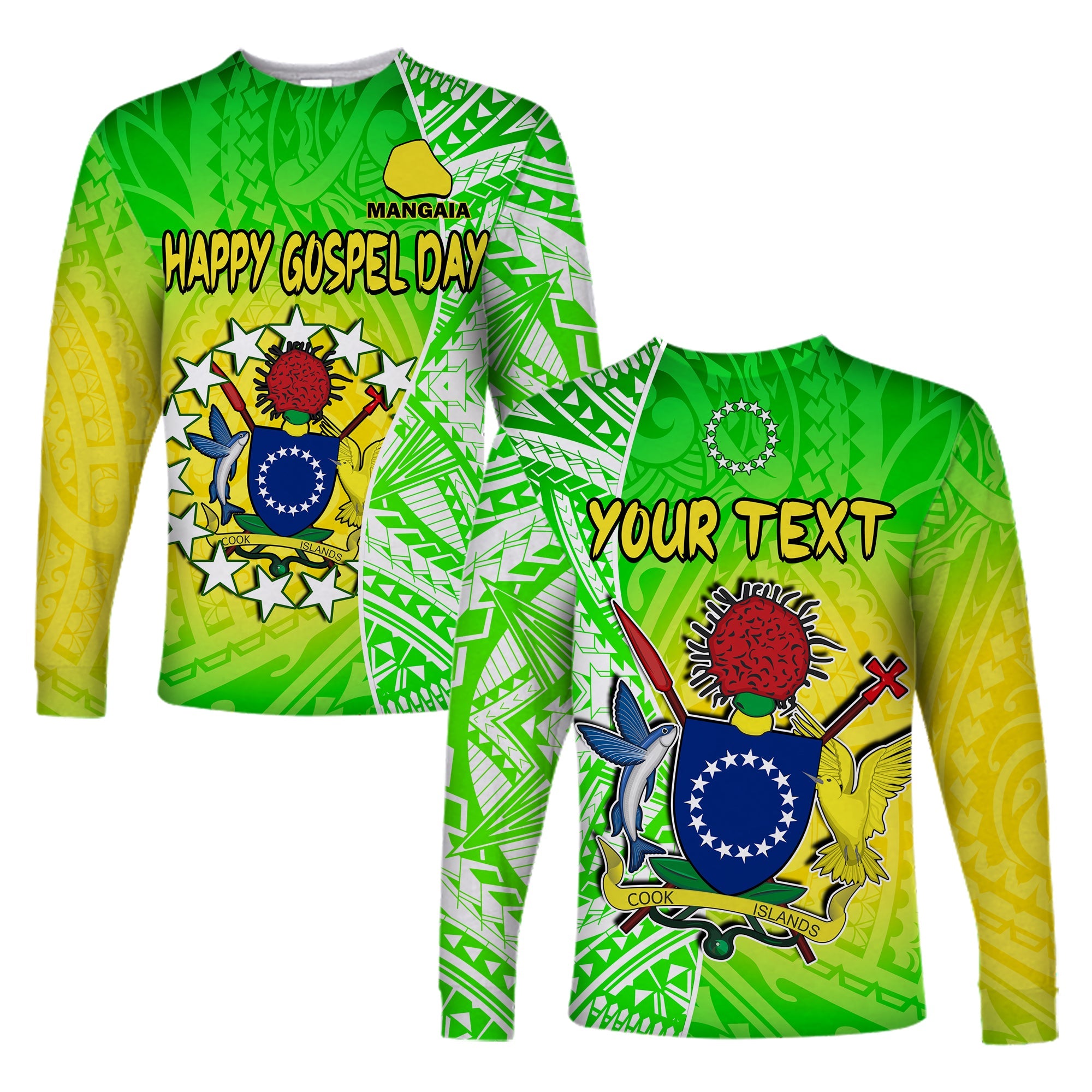 (Custom Personalised) Happy Mangaia Gospel Day Long Sleeve Shirt Cook Islands Coat Of Arms Polynesian Pattern LT14 Unisex Green - Polynesian Pride