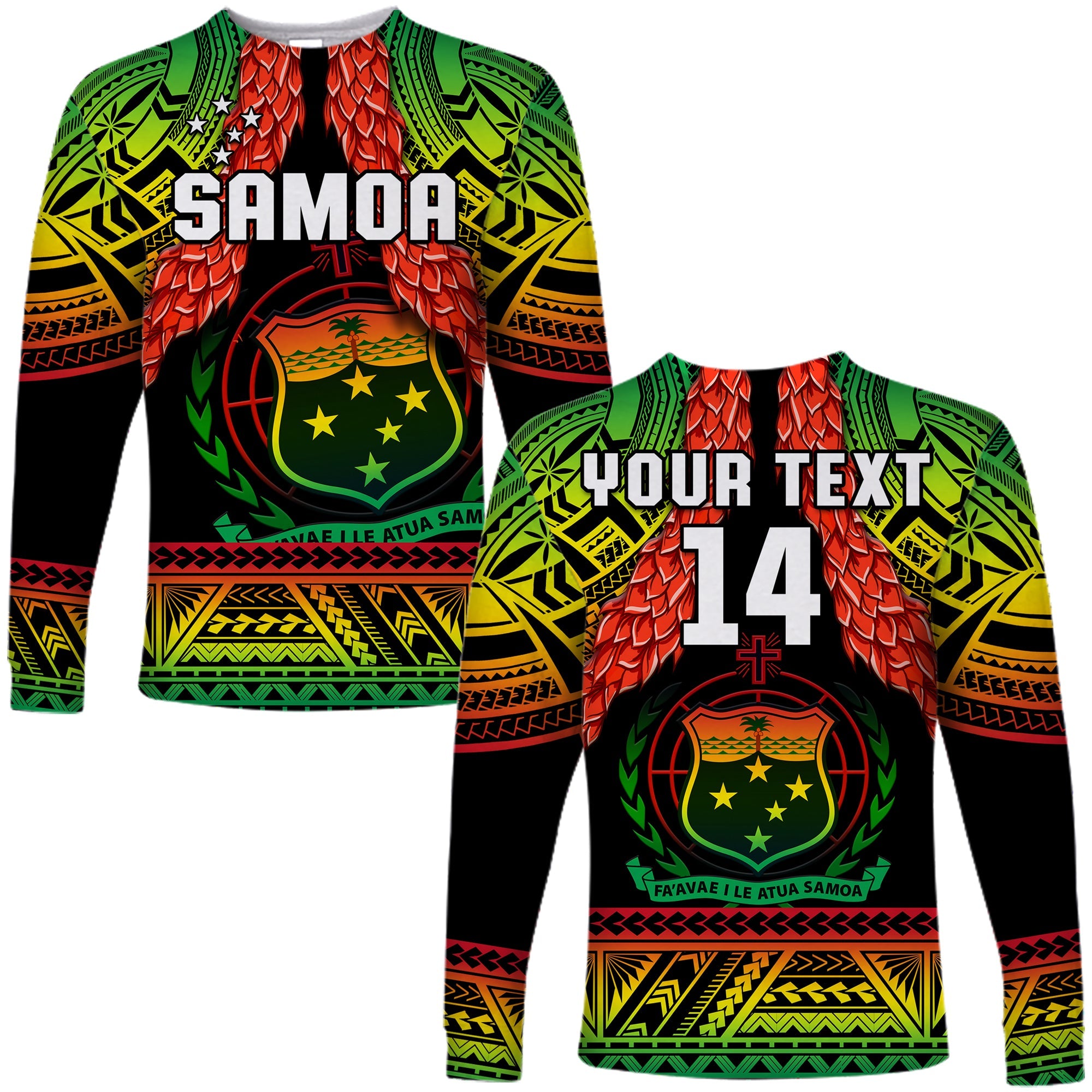 (Custom Text And Number) Samoa Rugby Long Sleeve Shirt Teuila Torch Ginger Gradient Style LT14 Unisex Black - Polynesian Pride