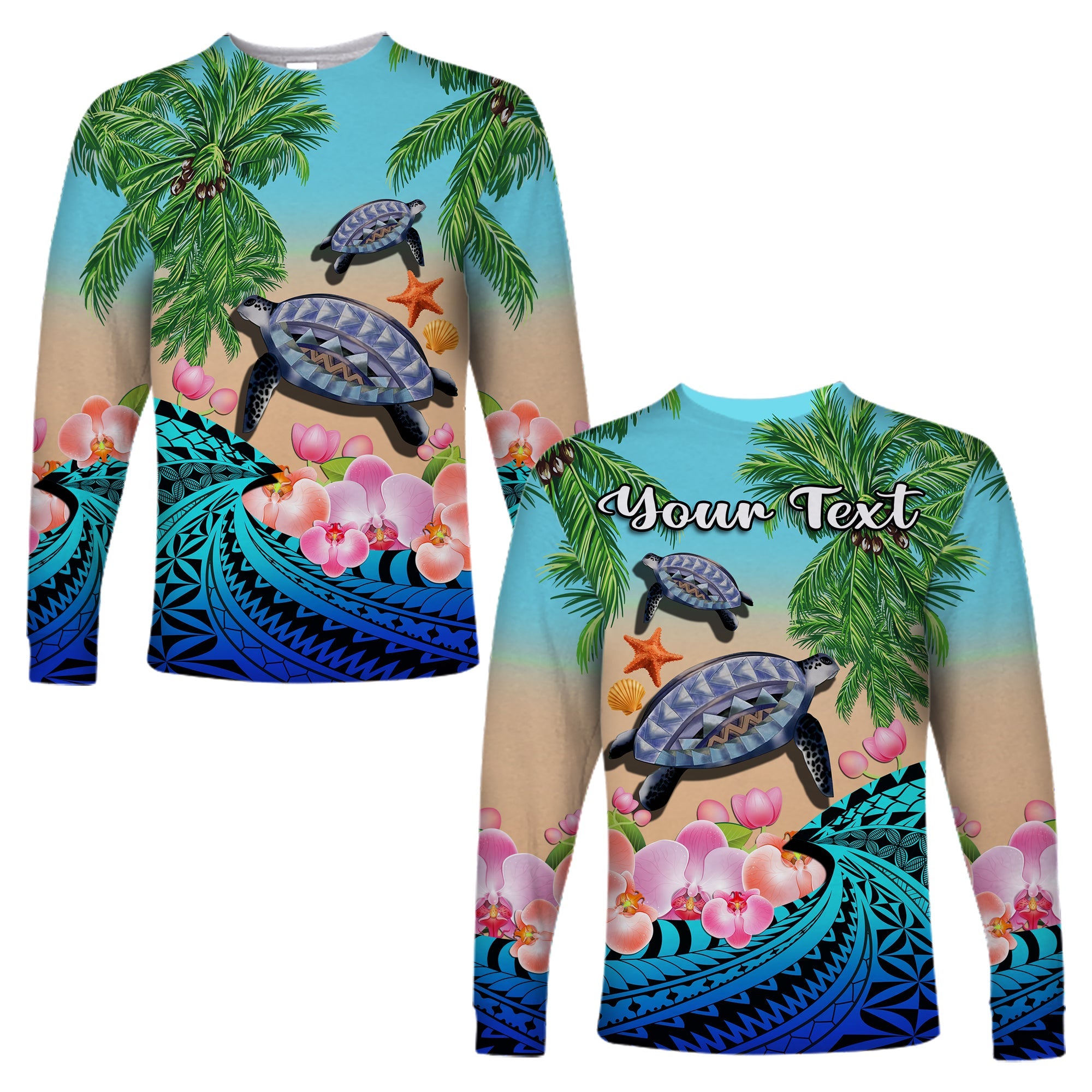 Polynesian Turtle Coconut Tree And Orchids Long Sleeve Shirt LT14 Unisex Blue - Polynesian Pride