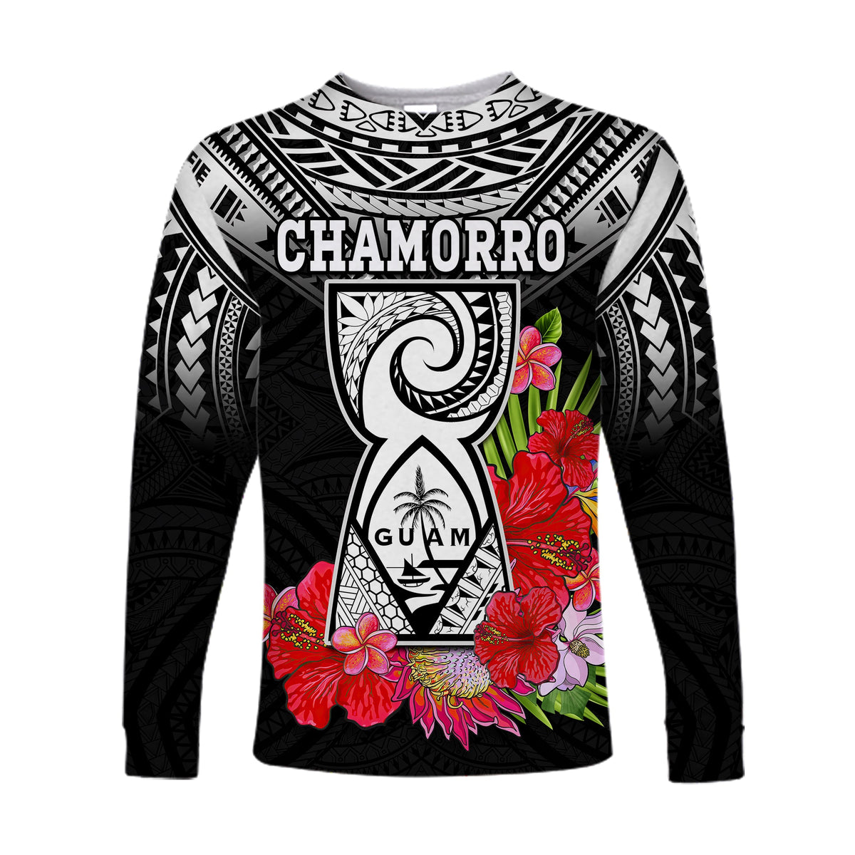 (Custom Personalised) Guam Chamorro Long Sleeve Shirt Guaman Latte Stone Tropical Flowers Black Style LT14 - Polynesian Pride