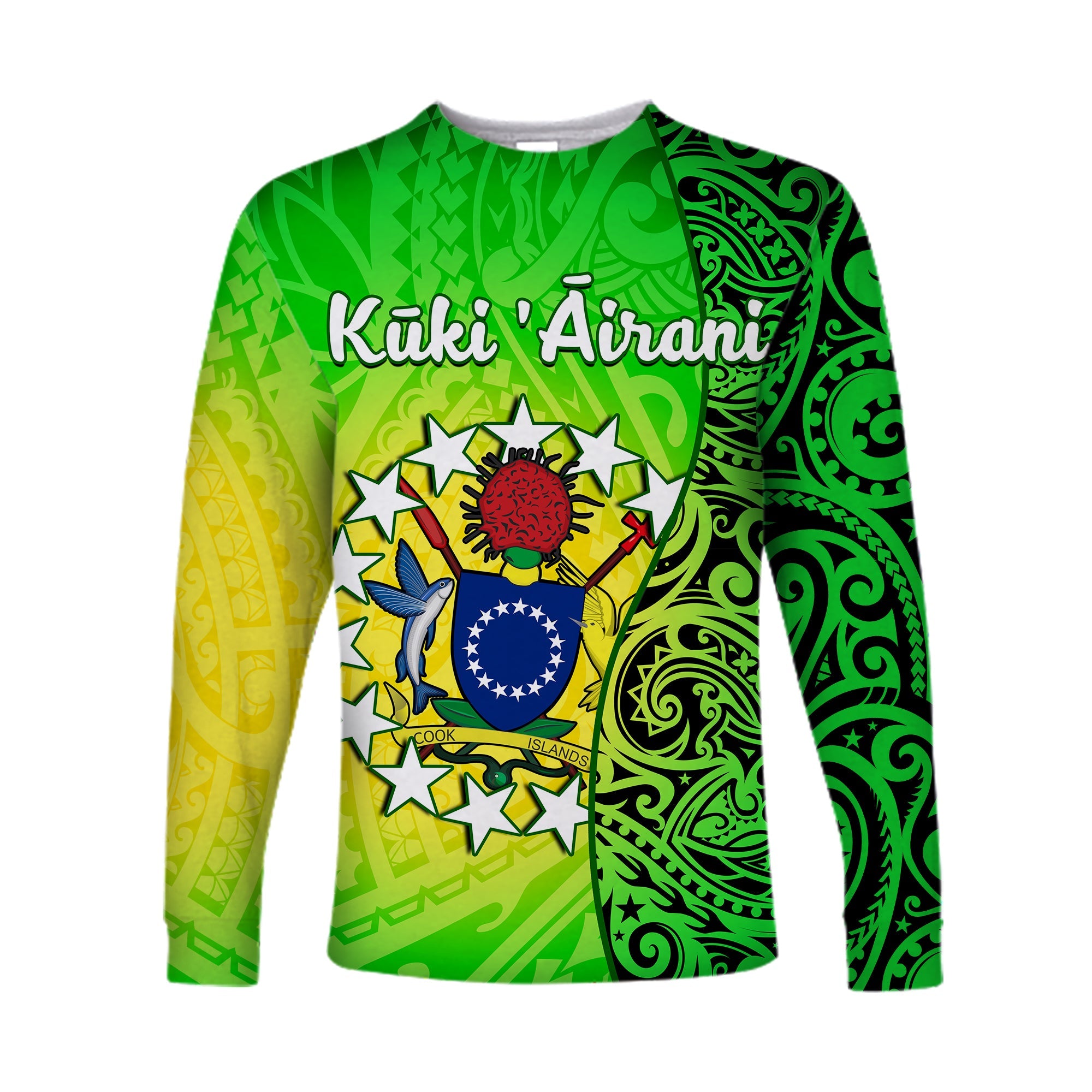 Cook Islands Long Sleeve Shirt Cook Islands Coat Of Arms Turtle Polynesian LT14 Unisex Green - Polynesian Pride