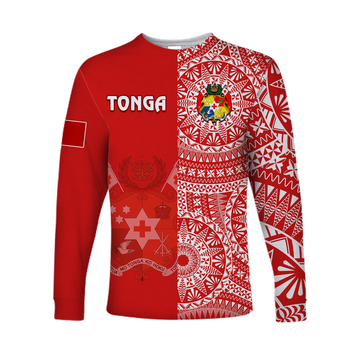 (Custom Text And Number) Tonga Long Sleeve Shirt Tongan Coat Of Arms Ngatu Pattern LT14 - Polynesian Pride