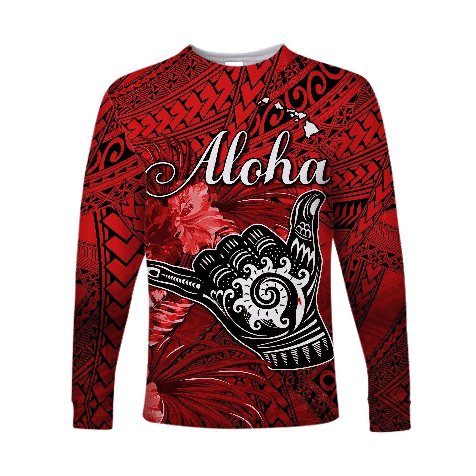 (Custom Personalised) The Shaka Hawaii Long Sleeve Shirt Tropical Flowers Red Version LT13 Unisex Red - Polynesian Pride