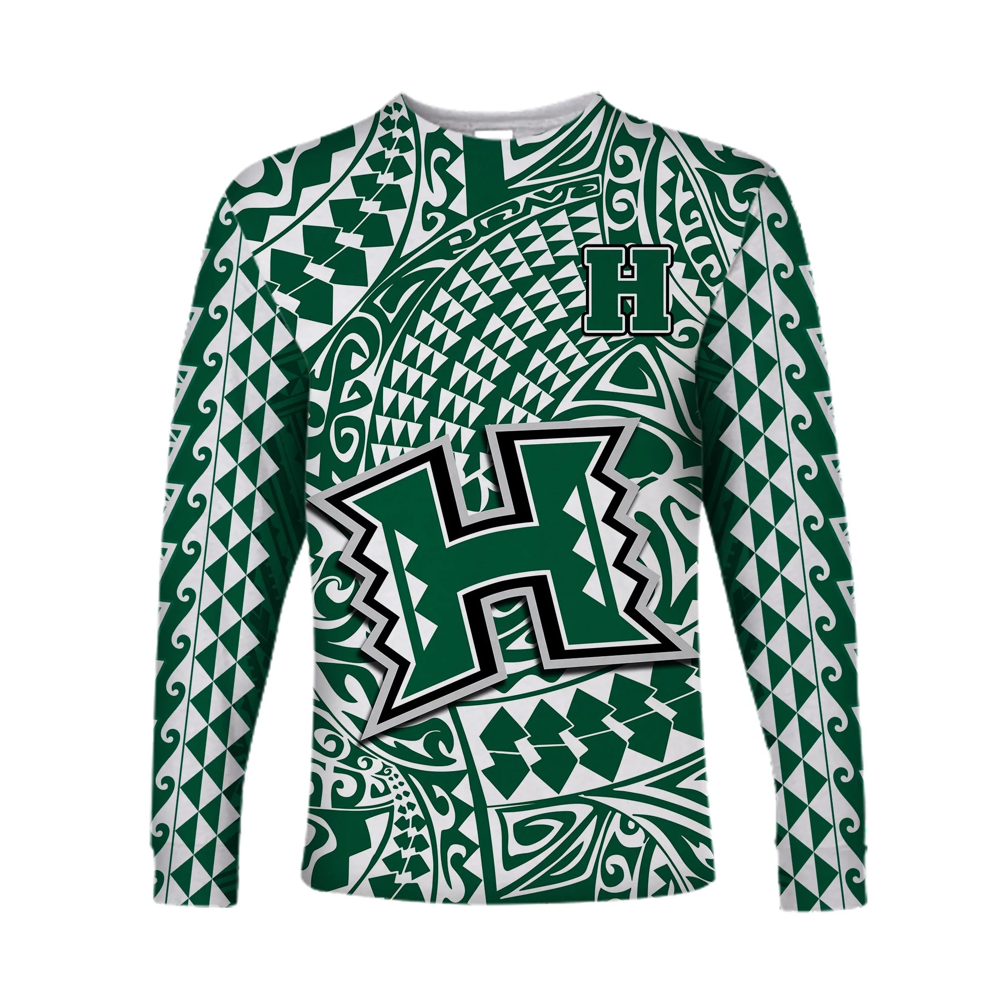 (Custom Text And Number) Hawaii Football Long Sleeve Shirt Rainbow Warriors Tribal Kakau LT14 Unisex Green - Polynesian Pride