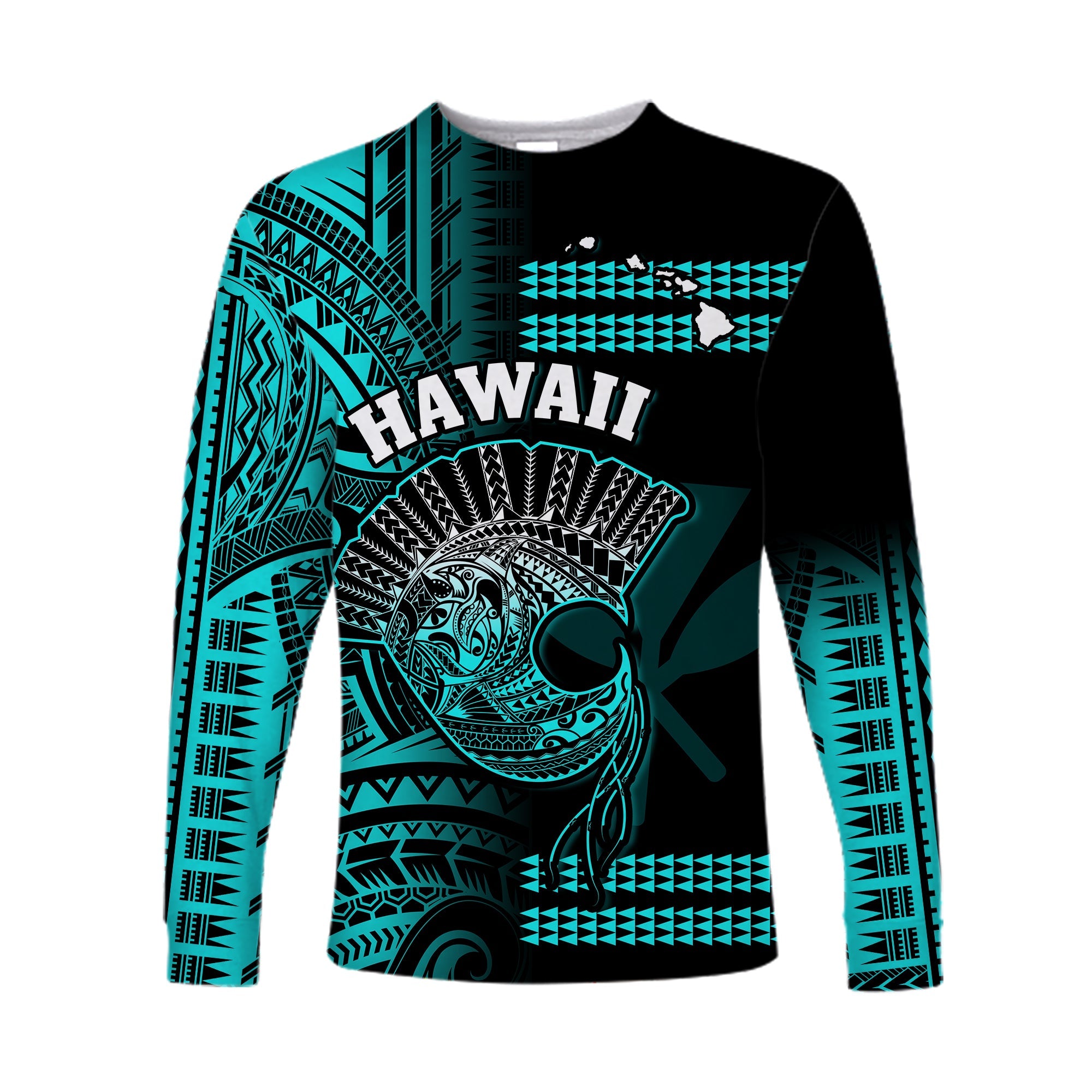 (Custom Personalised) Hawaii Long Sleeve Shirt Kakau Warrior Helmet Gradient Turquoise Polynesian LT14 Unisex Turquoise - Polynesian Pride