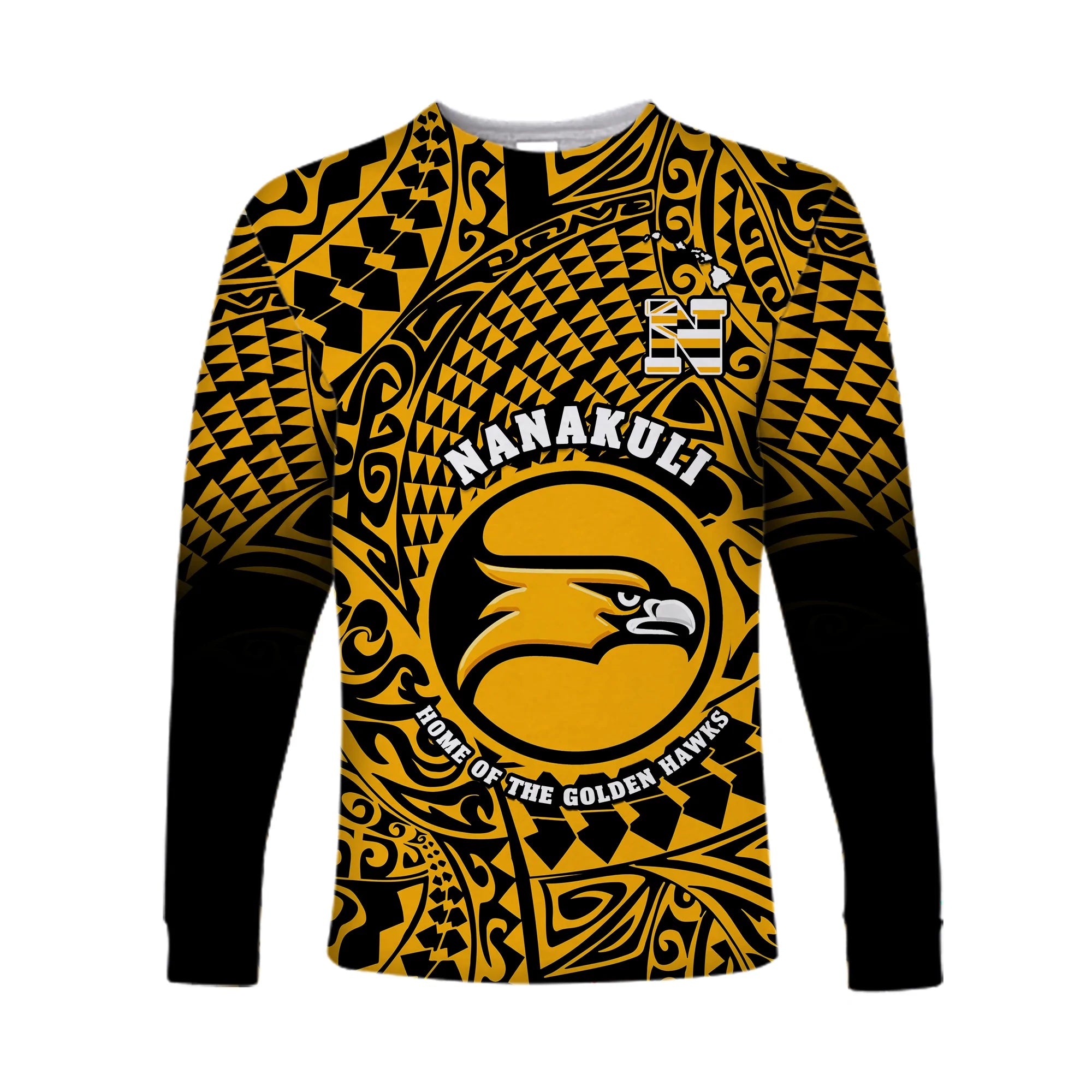 (Custom Text And Number) Hawaii Long Sleeve Shirt Nanakuli High and Intermediate School Tribal Kakau LT14 Unisex Gold - Polynesian Pride