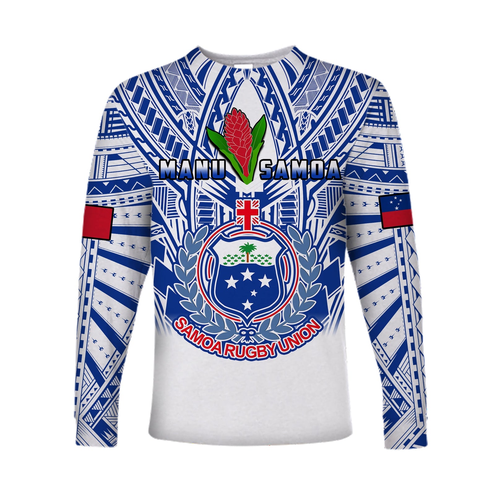 (Custom Text And Number) Samoa Rugby Long Sleeve Shirt Manu Samoa 7s Ginger White Polynesian LT14 Unisex White - Polynesian Pride