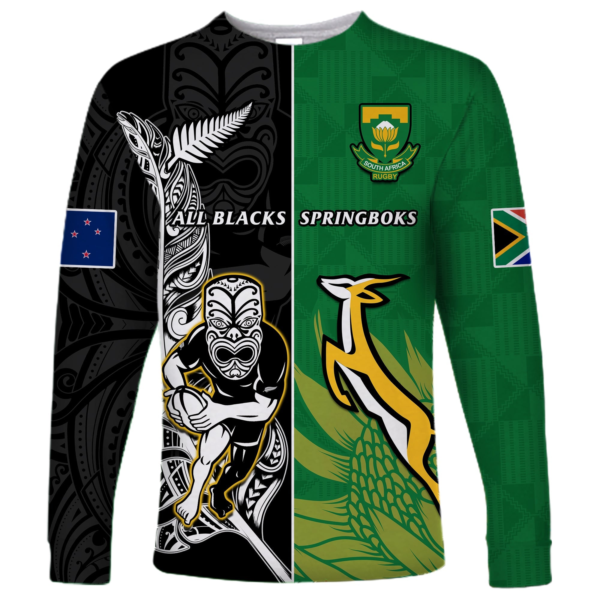 (Custom Personalised) New Zealand And South Africa Rugby Long Sleeve Shirt All Black Maori Mix Springboks LT14 Unisex Black - Polynesian Pride