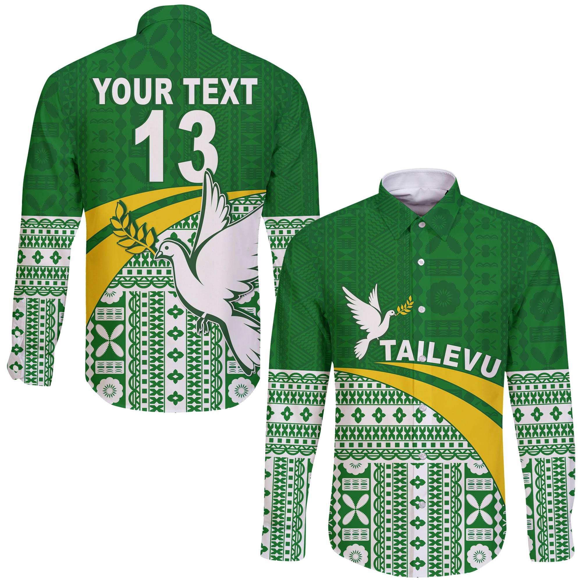 (Custom Text and Number) Tailevu Rugby Hawaii Long Sleeve Button Shirt Fiji Rugby Tapa Pattern Green LT13 Unisex Green - Polynesian Pride