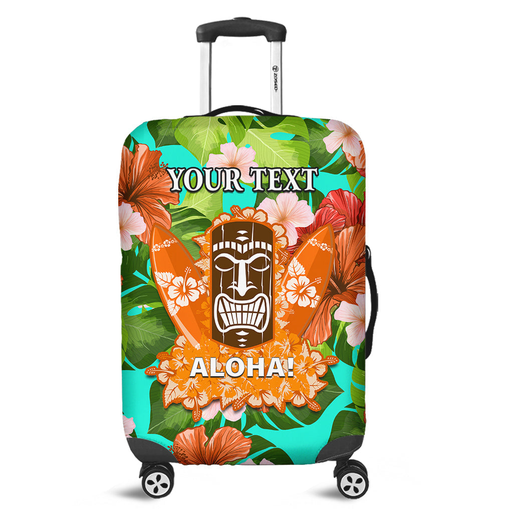 (Custom Personalised) Hawaii Luggage Cover Aloha Tiki Mask Hibiscus Flowers Ver.02 LT14 Turquoise - Polynesian Pride