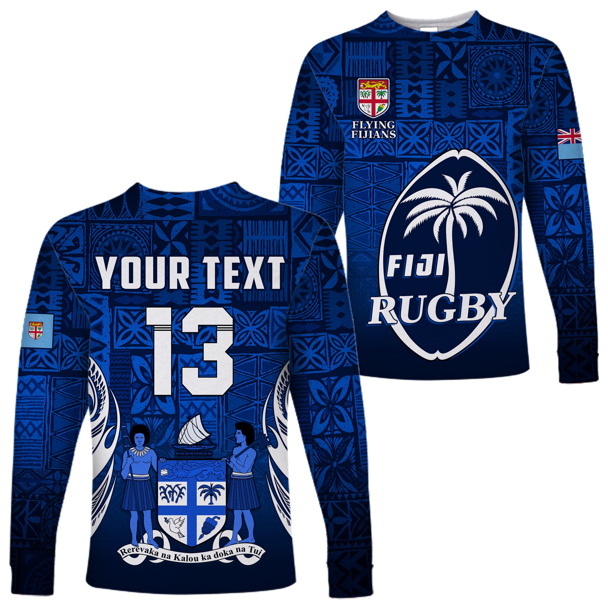 (Custom Text and Number) Fiji Rugby Long Sleeve Shirt Flying Fijians Blue Tapa Pattern LT13 Unisex Blue - Polynesian Pride