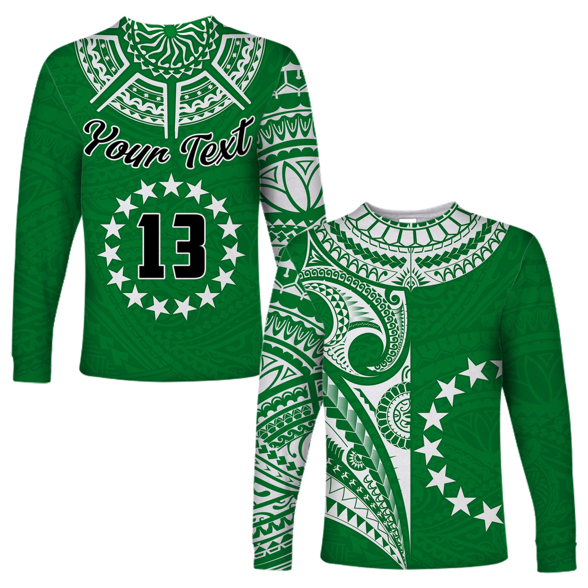 (Custom Text and Number) Cook Islands Tatau Long Sleeve Shirt Symbolize Passion Stars Version Green LT13 Unisex Green - Polynesian Pride