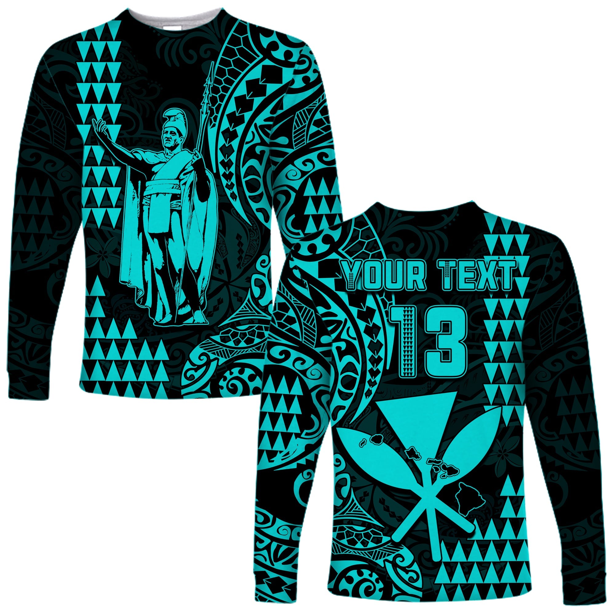 (Custom Text and Number) Hawaii Day Kakau Long Sleeve Shirt Proud To Be Hawaiian Turquoise King Kamehameha and Kanaka Maoli LT13 Unisex Turquoise - Polynesian Pride