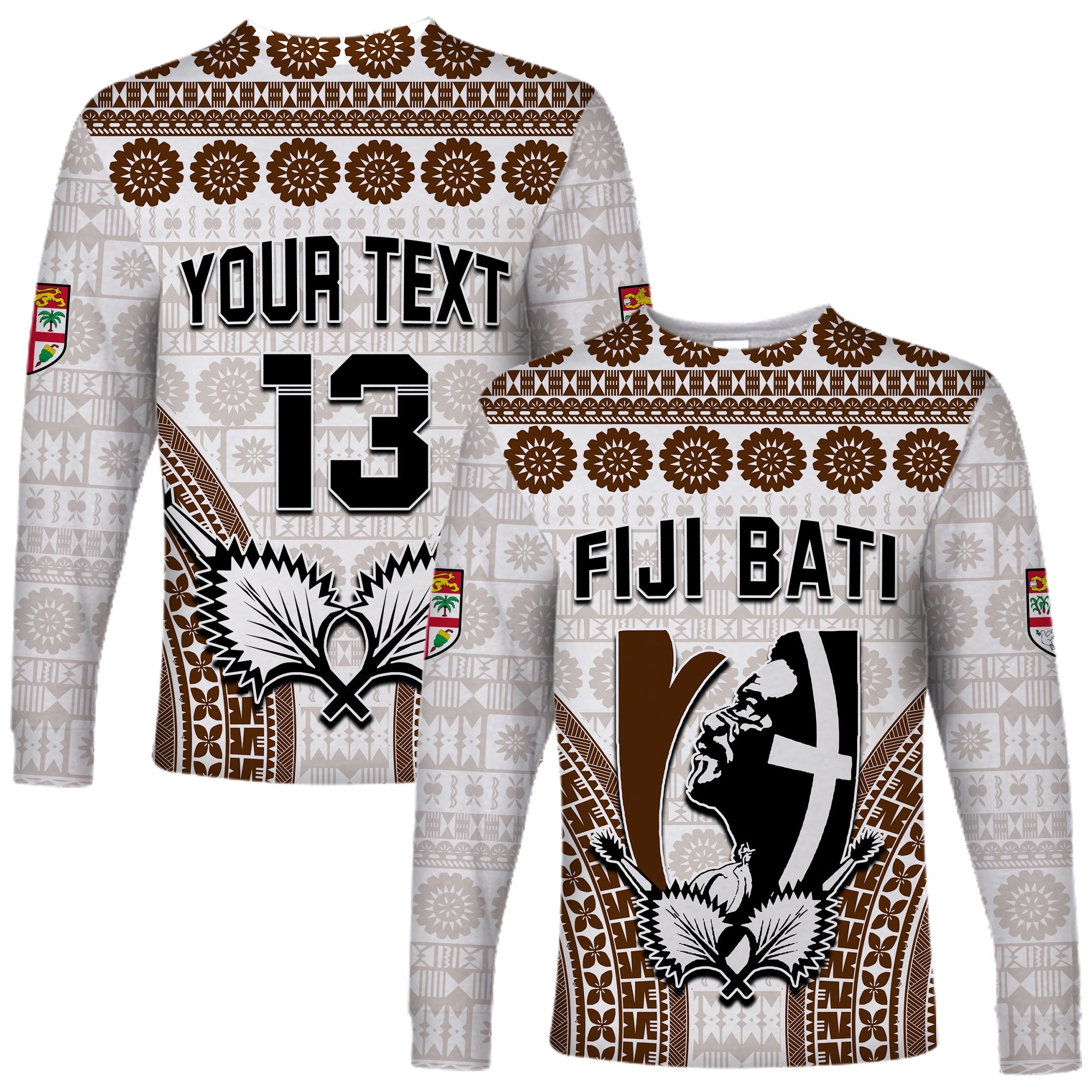 Custom Text and Number Fiji Rugby Bati Long Sleeve Shirt Proud Tapa Pattern LT13 Unisex White - Polynesian Pride