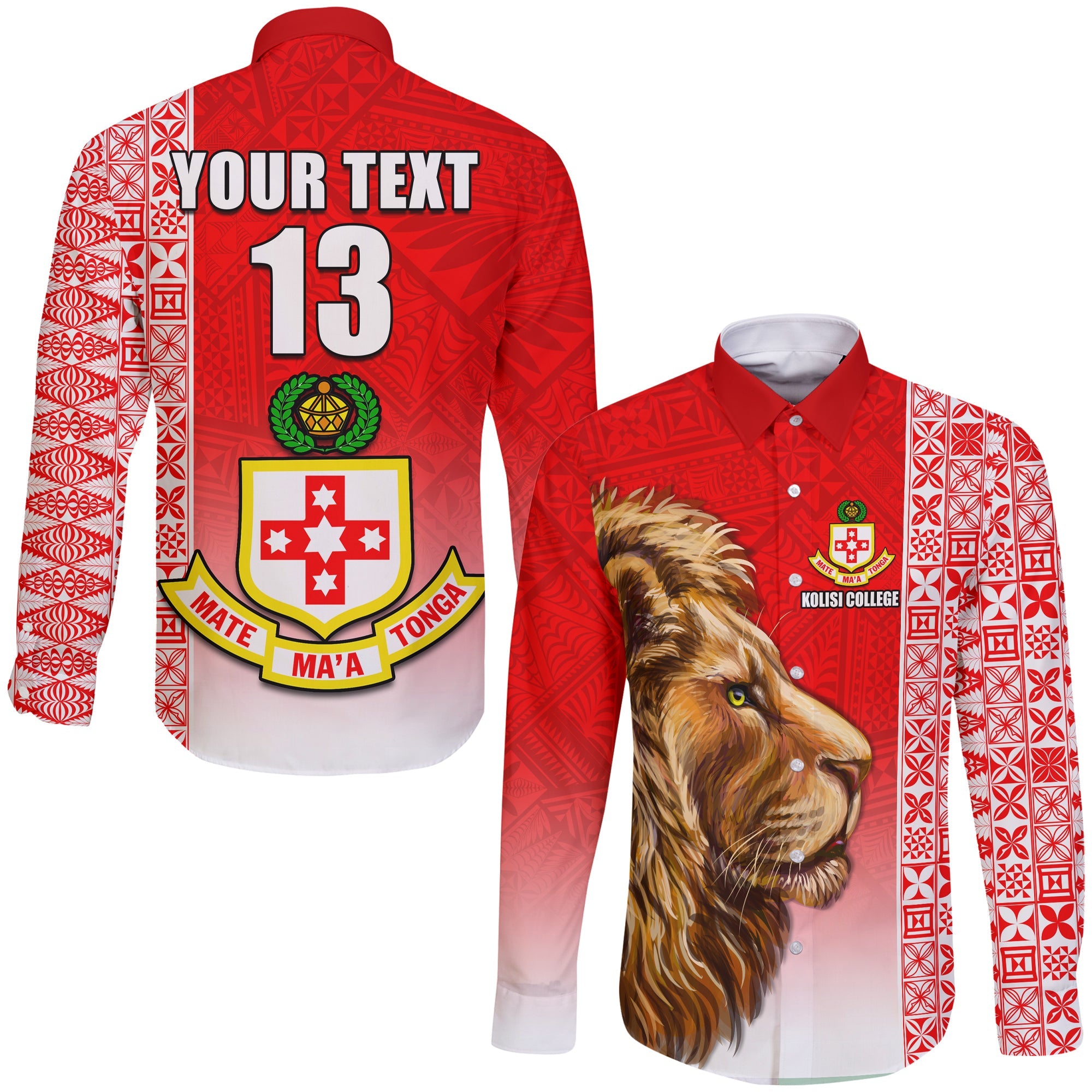 (Custom Text and Number) Kolisi Tonga College Atele Hawaii Long Sleeve Button Shirt Home of the Lions LT13 Unisex Red - Polynesian Pride