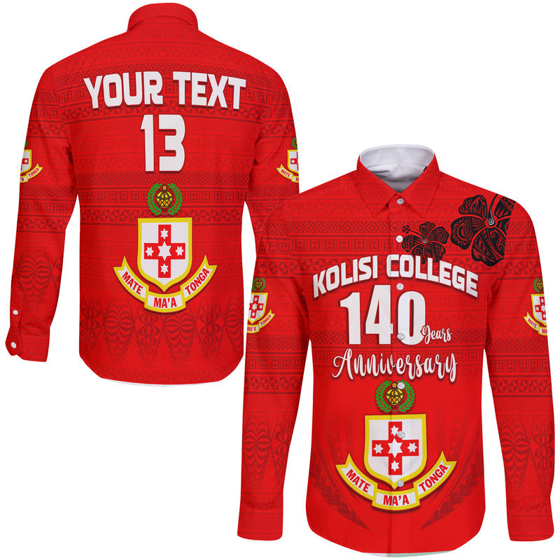 (Custom Text and Number) Kolisi Tonga College Atele Hawaii Long Sleeve Button Shirt 140 Years Anniversary Tongan Ngatu LT13 Unisex Red - Polynesian Pride