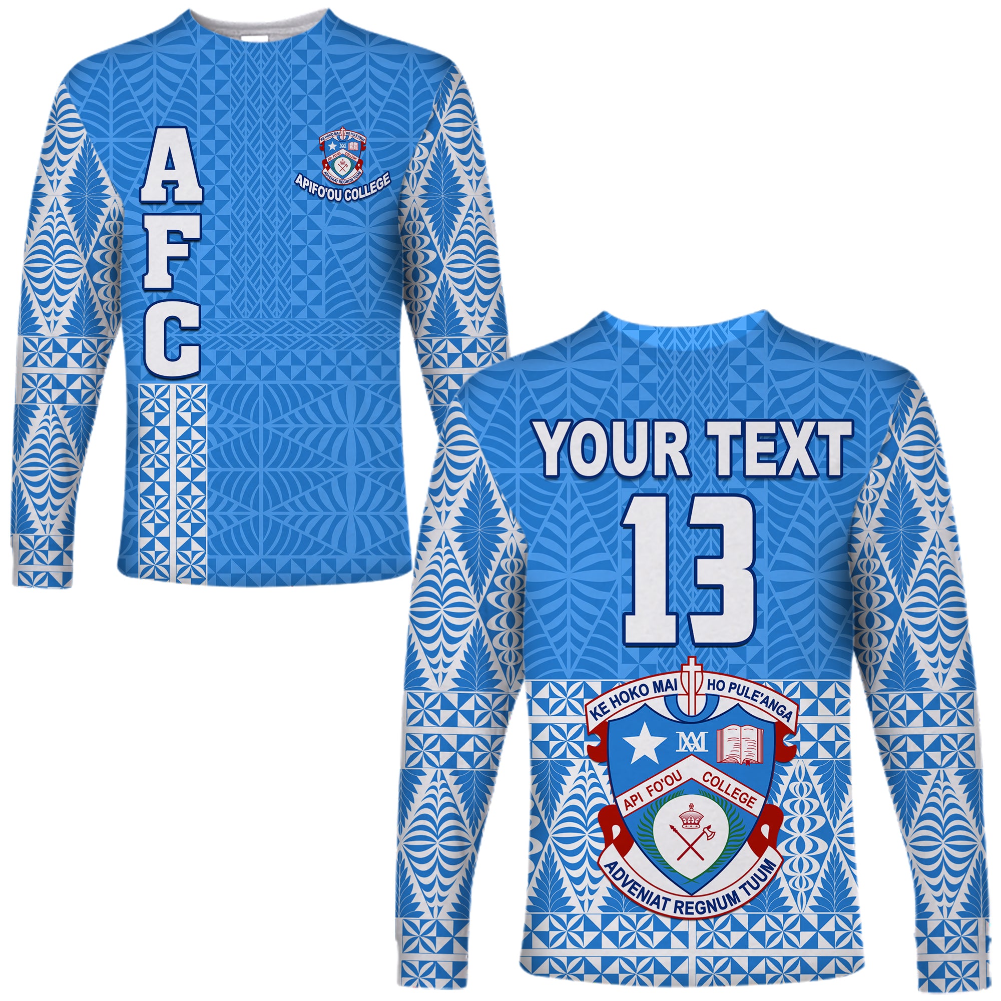 (Custom Personalised) Apifo'ou College Long Sleeve Shirt Tongan Pattern AFC Lovers LT13 Unisex Blue - Polynesian Pride