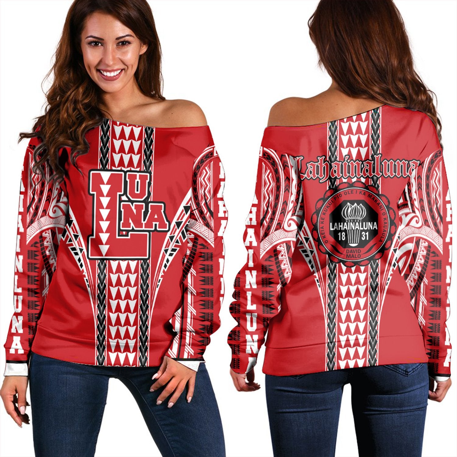 Hawaii - Lahainaluna High Women's Off Shoulder Sweatshirt AH Red - Polynesian Pride