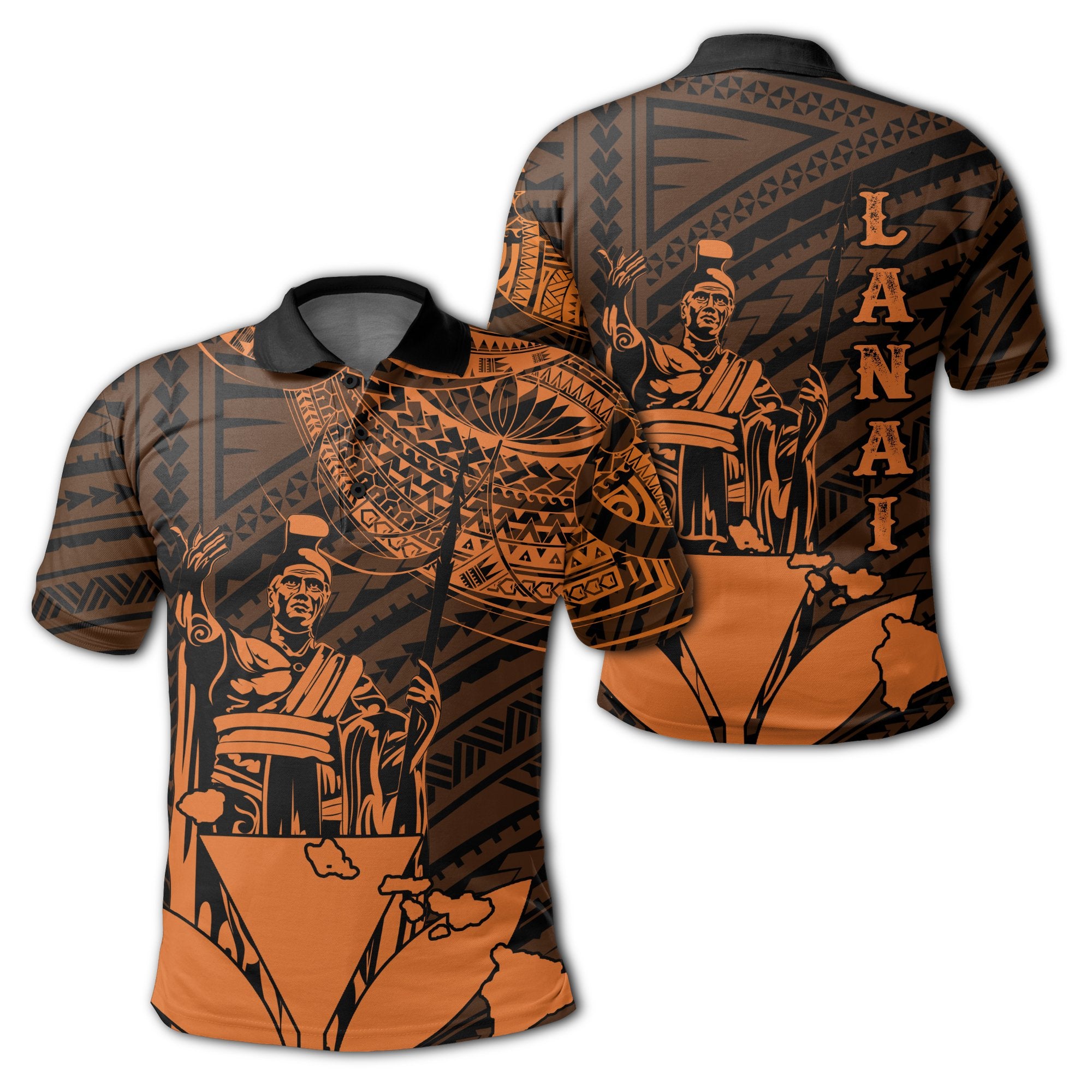 Hawaiian King Kanaka Map Polynesian Lanai Polo Shirt Orange Hala Style Unisex Orange - Polynesian Pride