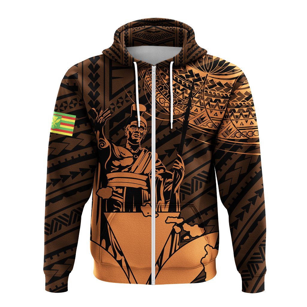 Hawaiian King Kanaka Map Polynesian Lanai Hoodie Zip Orange Hala Style - Polynesian Pride