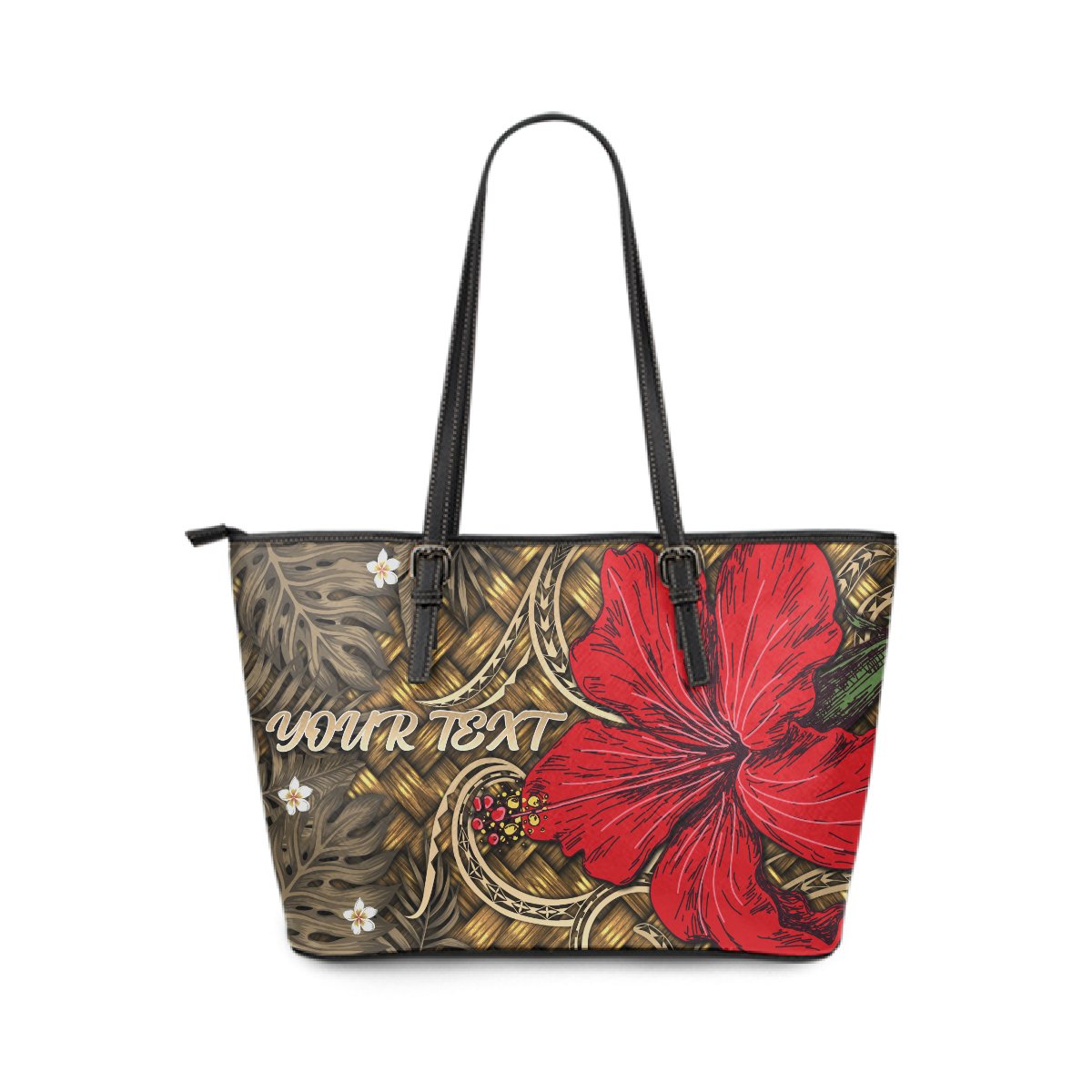 Hawaii Lauhala Hibiscus Polynesian Tropical Large Leather Tote Pink Gold - Wake Style - AH Blue - Polynesian Pride