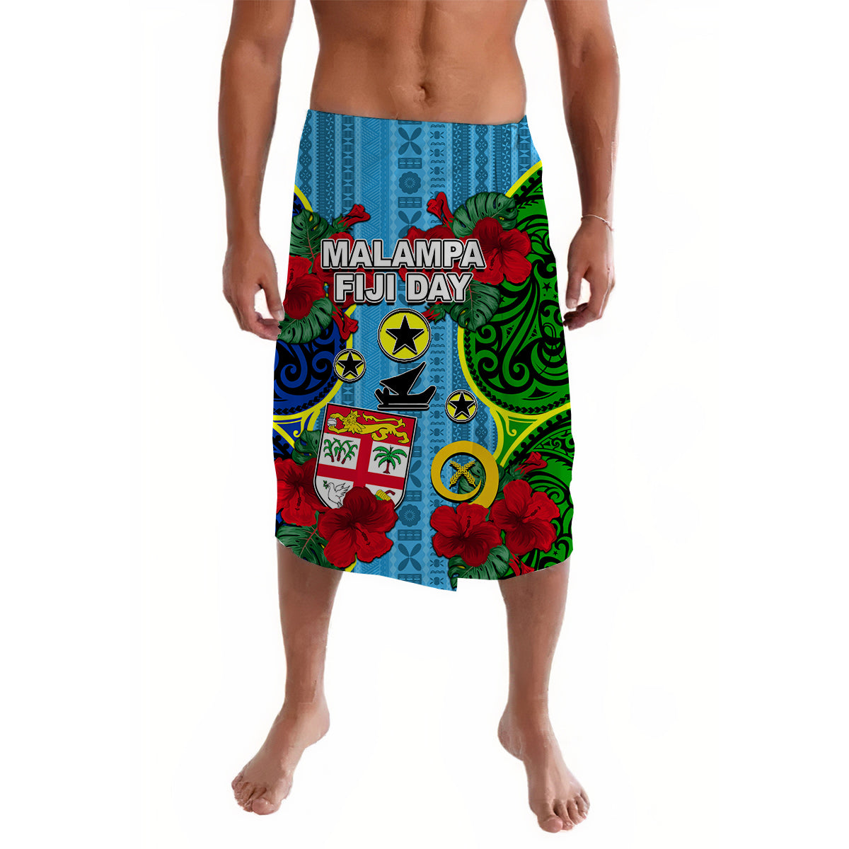 Malampa Fiji Day Hibiscus Lavalava Style LT6 Lavalava Blue - Polynesian Pride