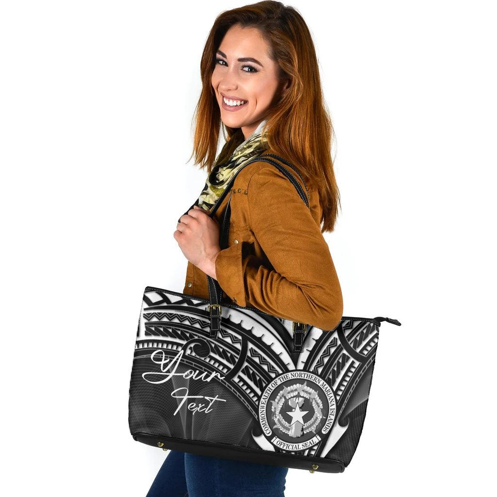 Northern Mariana Islands Custom Personalised Leather Tote - Cross Style Black - Polynesian Pride