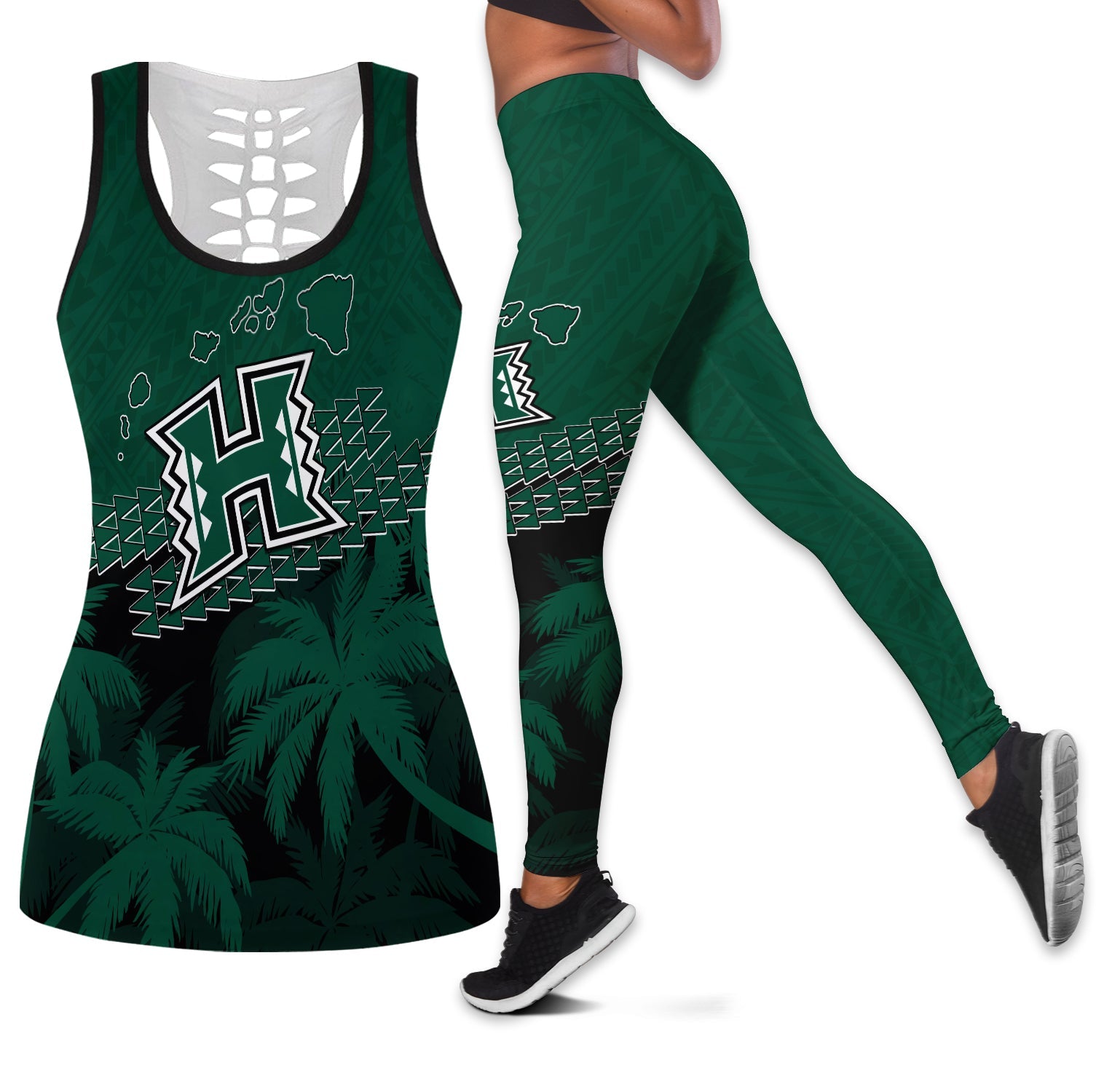 Hawaii Rainbow Warriors Combo Hollow Tank and Leggings Laau Pama LT7 Black - Polynesian Pride