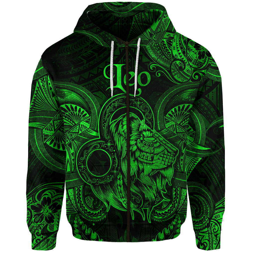 Custom Leo Zodiac Polynesian Zip Hoodie Unique Style Green LT8 - Polynesian Pride