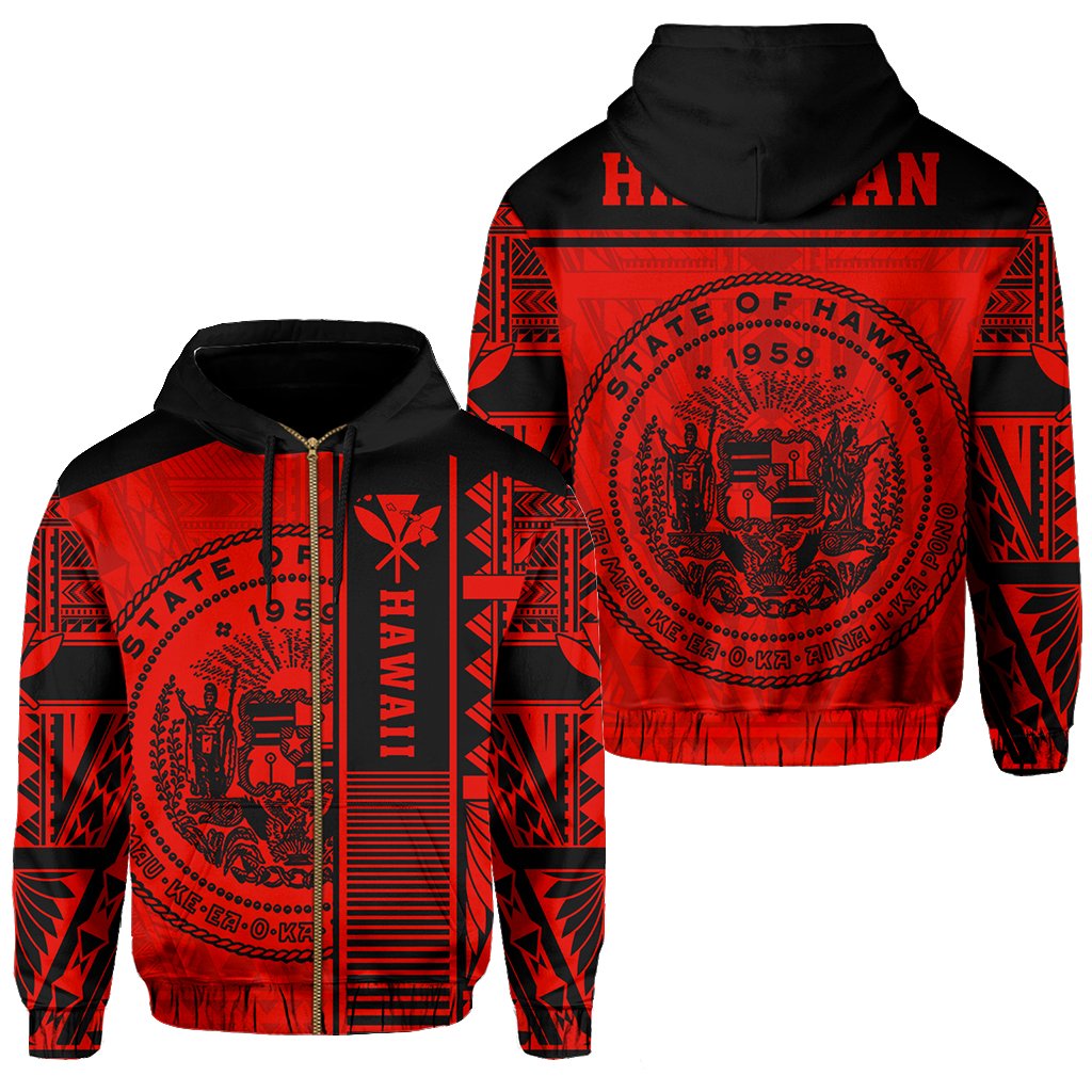 Polynesian Seal of Hawaii Zip Hoodie Red NRP Style Unisex Red - Polynesian Pride