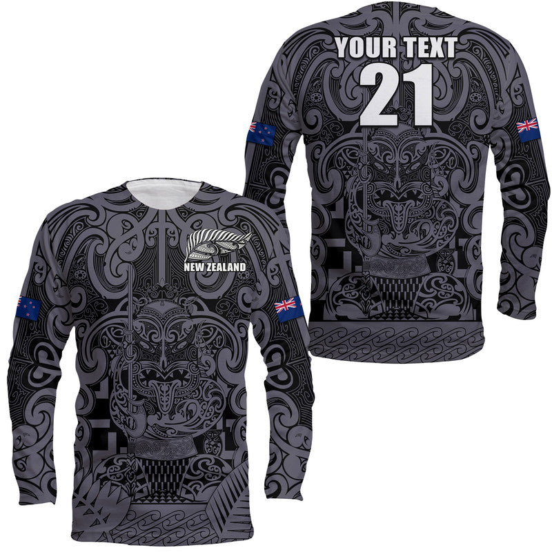 (Custom Text And Number) New Zealand Taiaha Maori Long Sleeve Shirt Minimalist Silver Fern All Black LT9 Unisex Black - Polynesian Pride