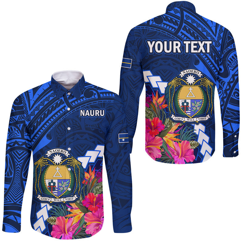 (Custom Personalised) Nauru Coat of Arms Hawaii Long Sleeve Button Shirt Polynesian Tropical LT9 Unisex Blue - Polynesian Pride