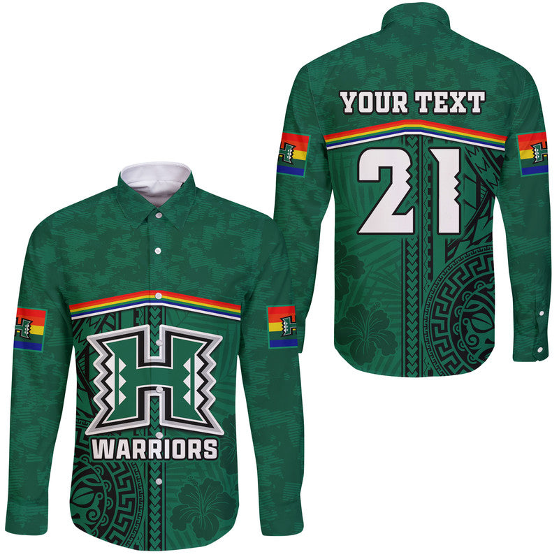 (Custom Personalised) Hawaii Warriors Football Hawaii Long Sleeve Button Shirt Polynesian Palm and Hibiscus LT9 Unisex Green - Polynesian Pride