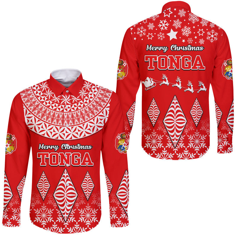 Tonga Kupesi Ngatu Merry Christmas Hawaii Long Sleeve Button Shirt LT9 Unisex Red - Polynesian Pride