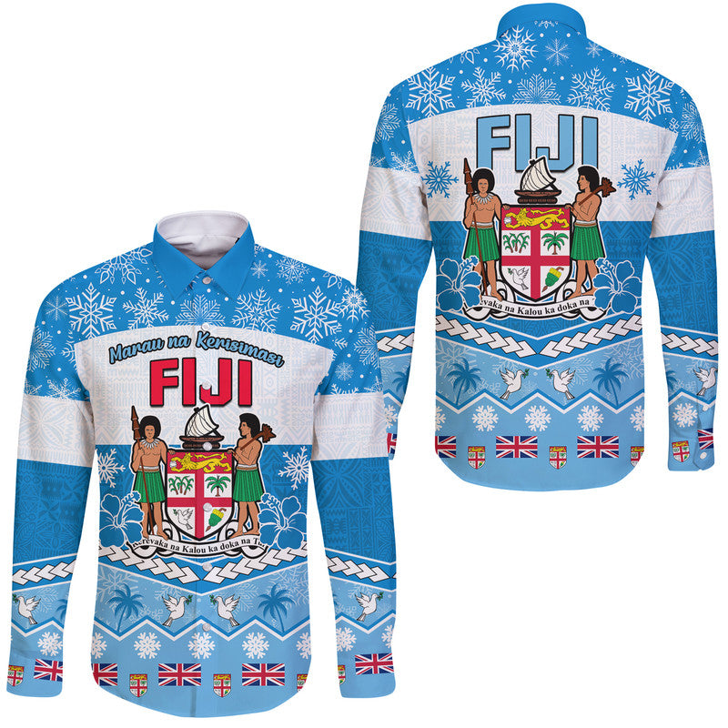 Fiji Masi Tapa Christmas Vibe Hawaii Long Sleeve Button Shirt LT9 Unisex Blue - Polynesian Pride