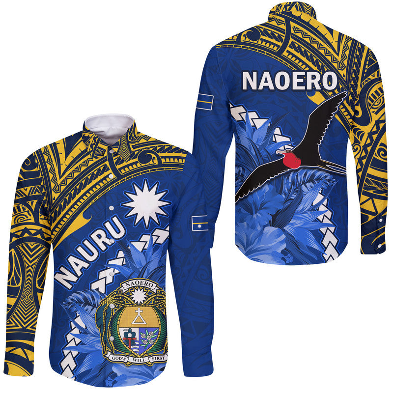 Nauru Coat of Arms Hawaii Long Sleeve Button Shirt Polynesian With Frigatebird LT9 Unisex Blue - Polynesian Pride